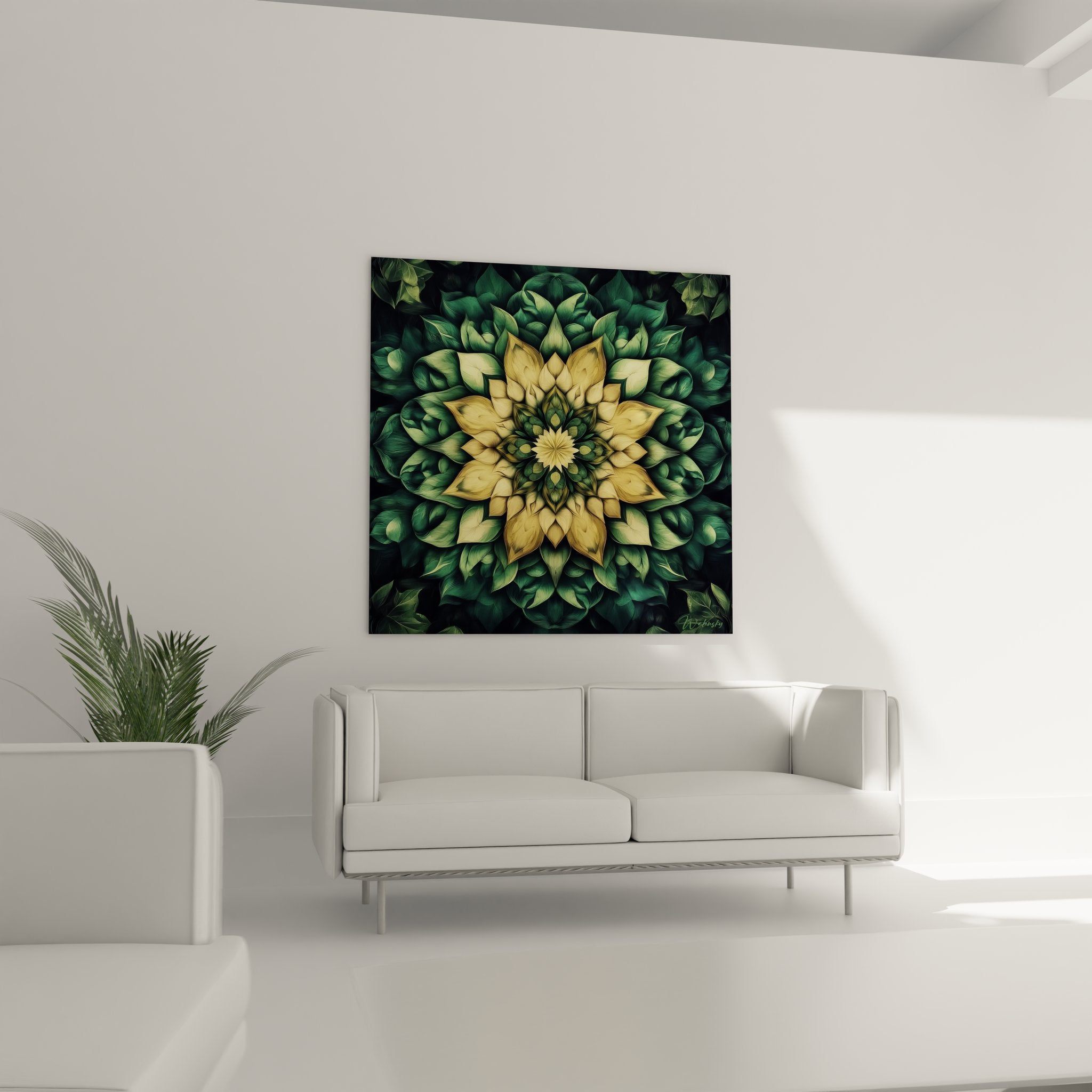 Détail rapproché du centre doré du mandala végétal fractale révélant textures et motifs délicats