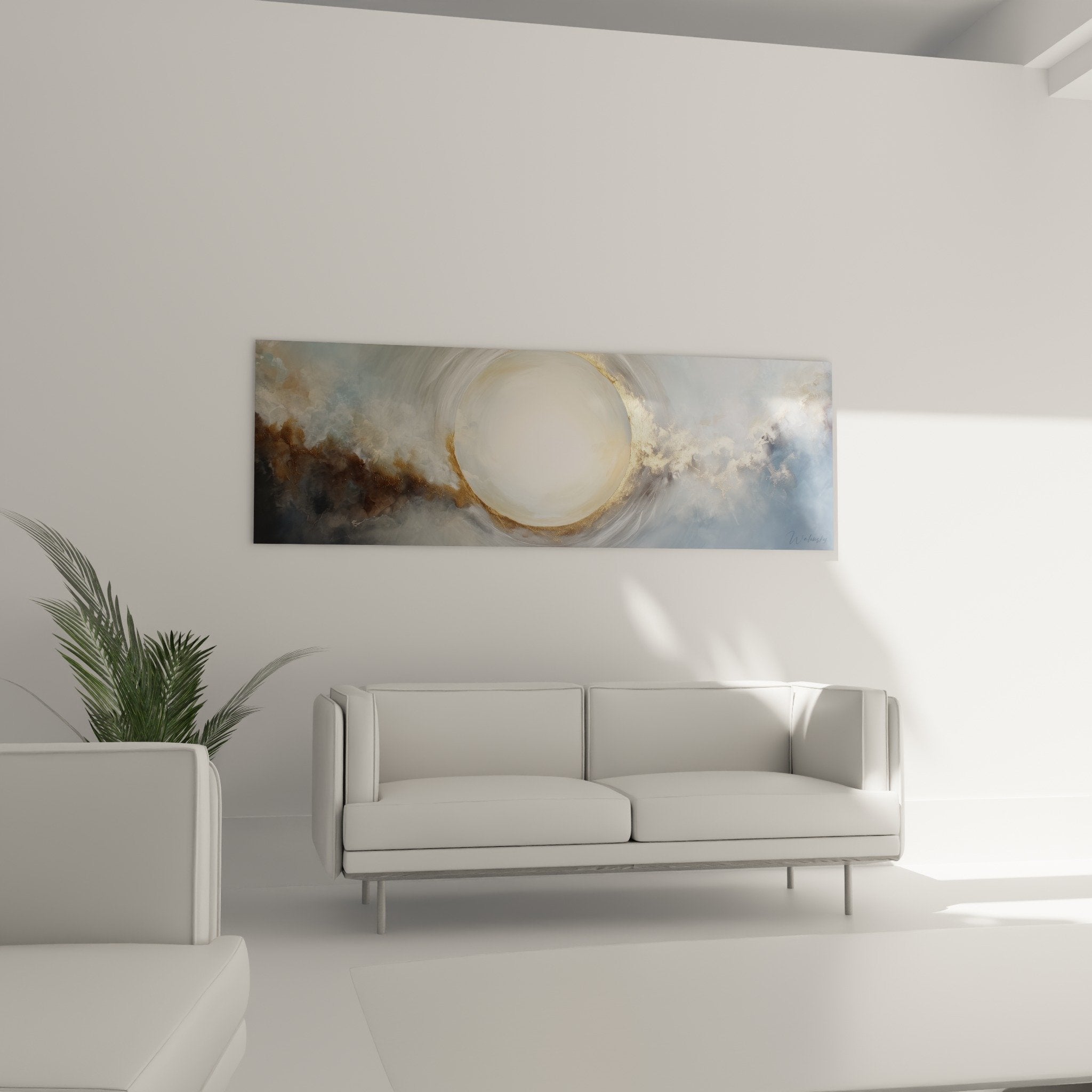 Golden glowing circle detail and abstract cloudy textures feng shui west metal wall art