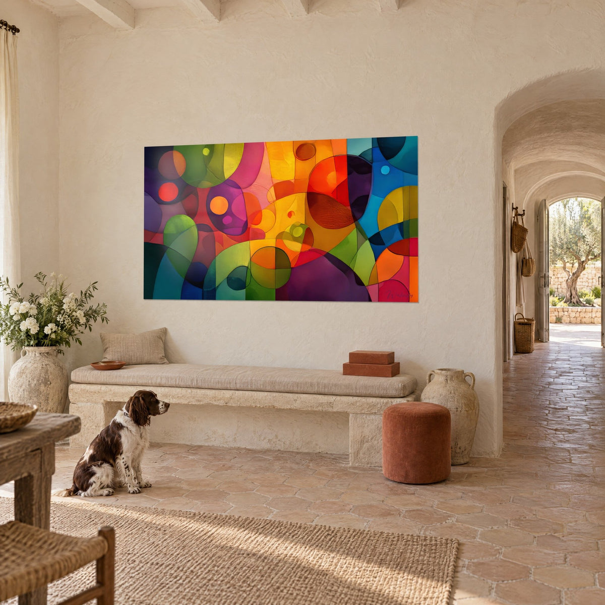 Schilderij met over elkaar liggende ronde vormen in rood, geel en blauw op een muur van de mas, een spaniël zittend op de terracotta tegels