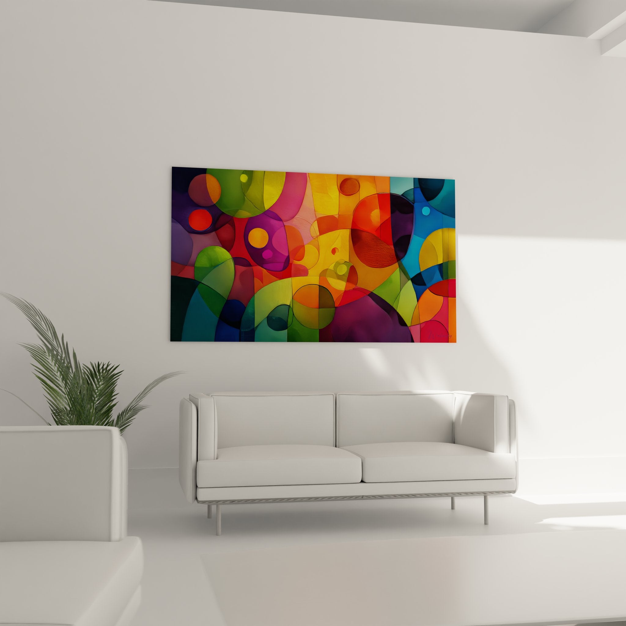 Gros plan détail tableau cercles abstraits superposés couleurs vives transparentes