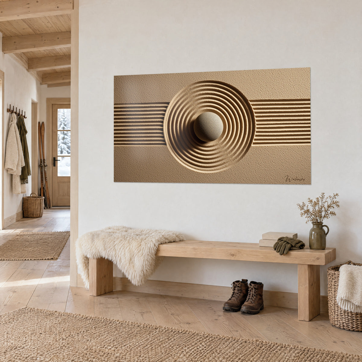 Wall art zen garden in ochre and golden-brown sand, grey stone sphere surrounded by rings, wooden bench of a chalet