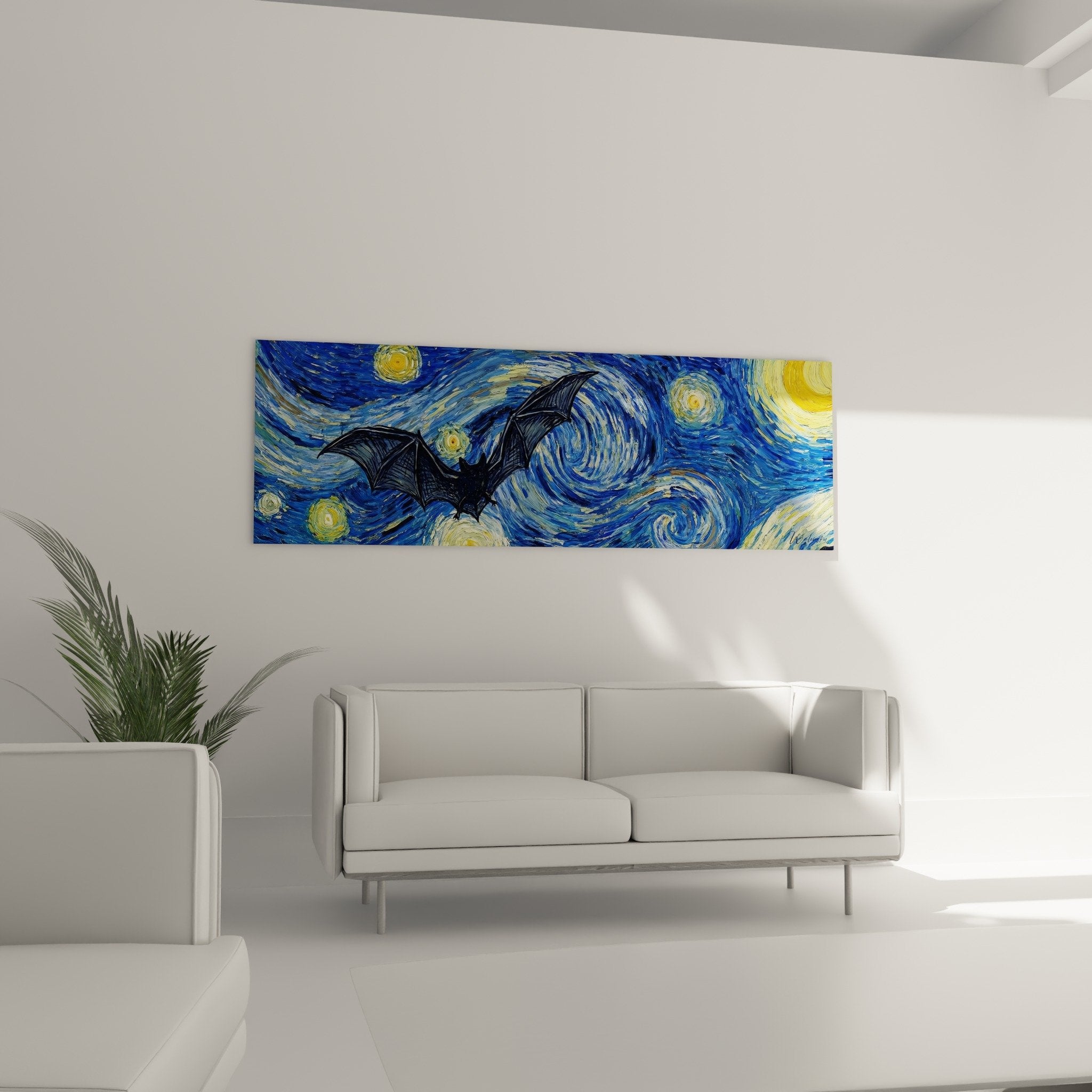 Detail chauve-souris ailes deployees peinture tourbillons bleus etoiles dorees coups pinceau expressifs