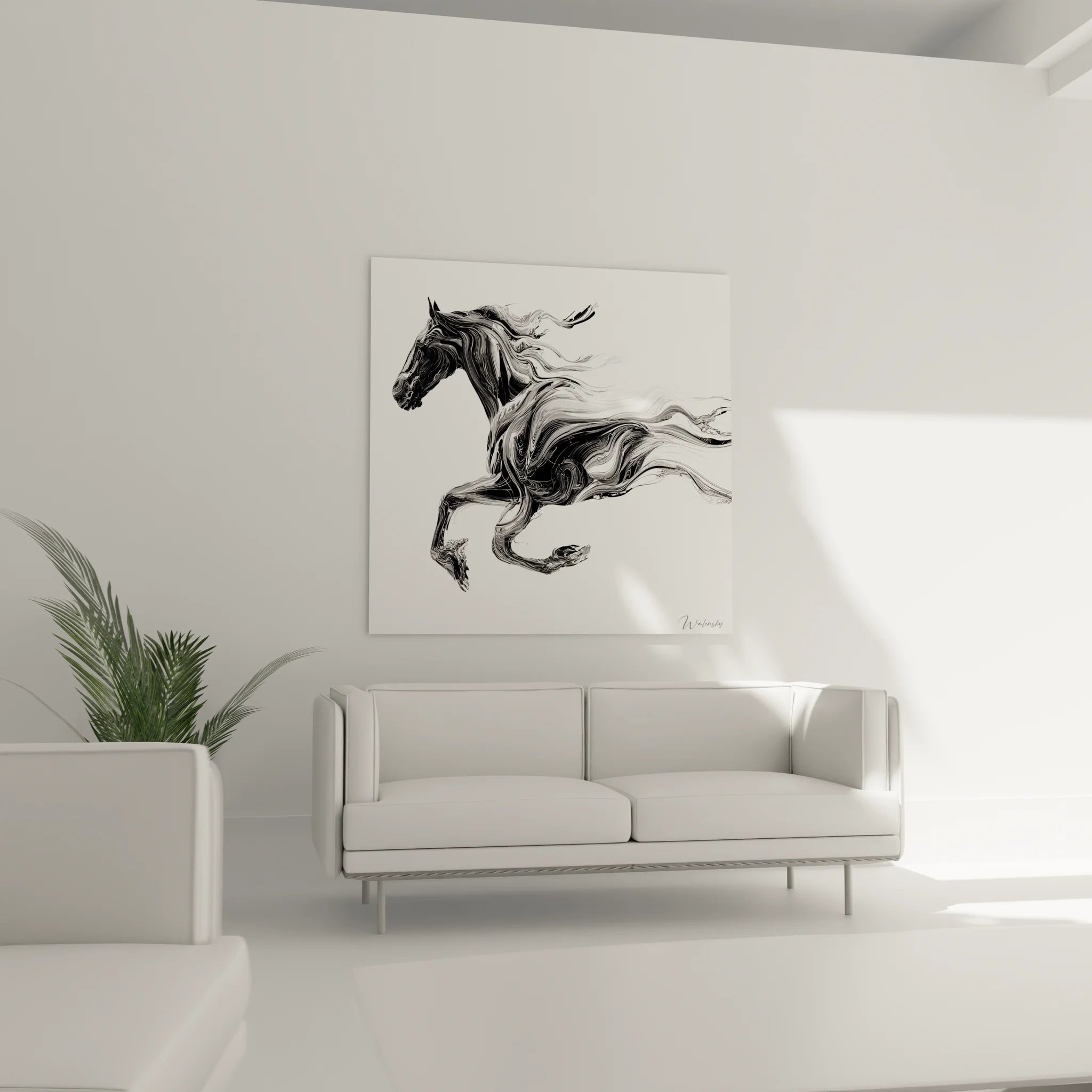 Gros plan détails tableau cheval fluide noir et blanc art contemporain