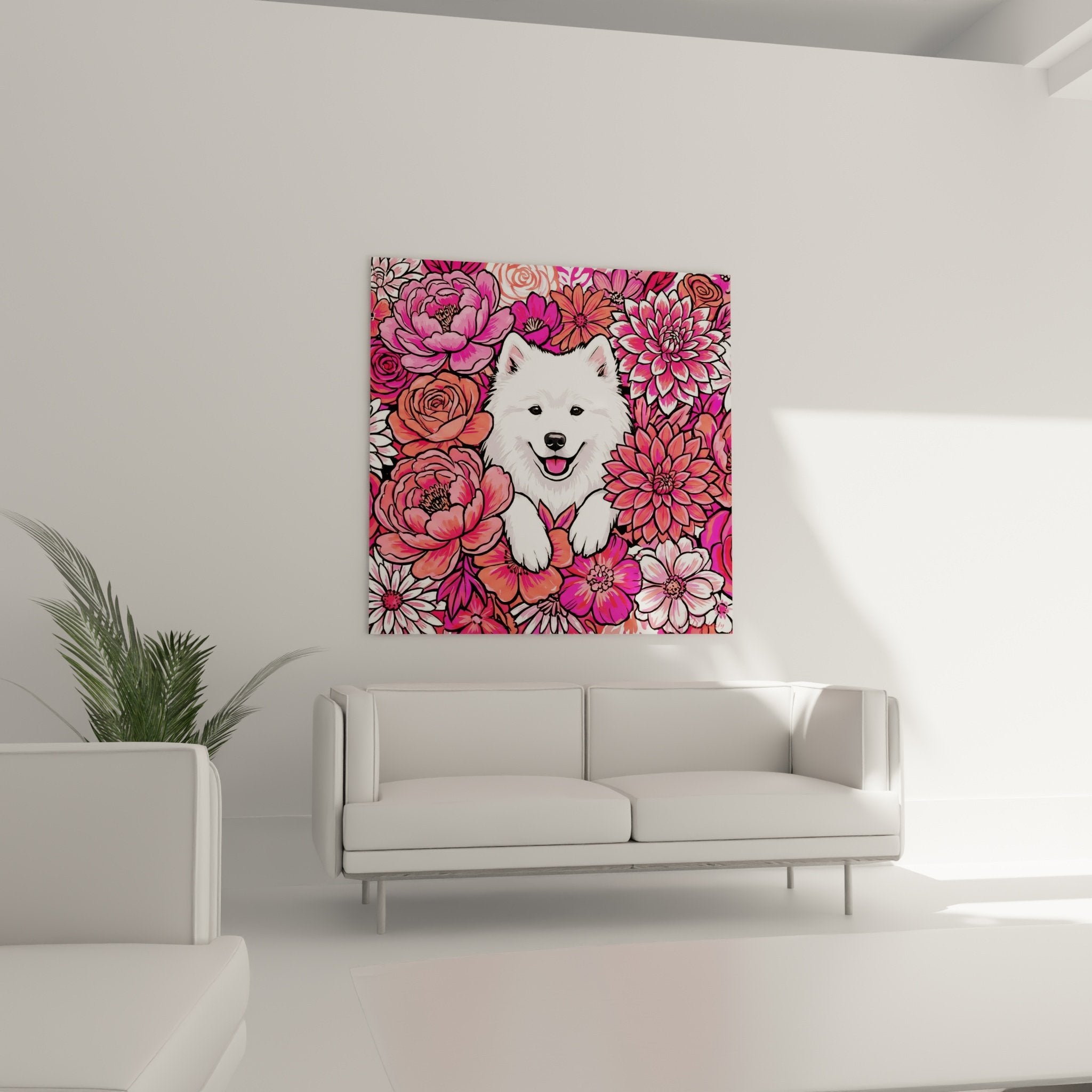detail samoyede blanc pelage immacule fleurs roses pivoines fuchsia art mural animalier