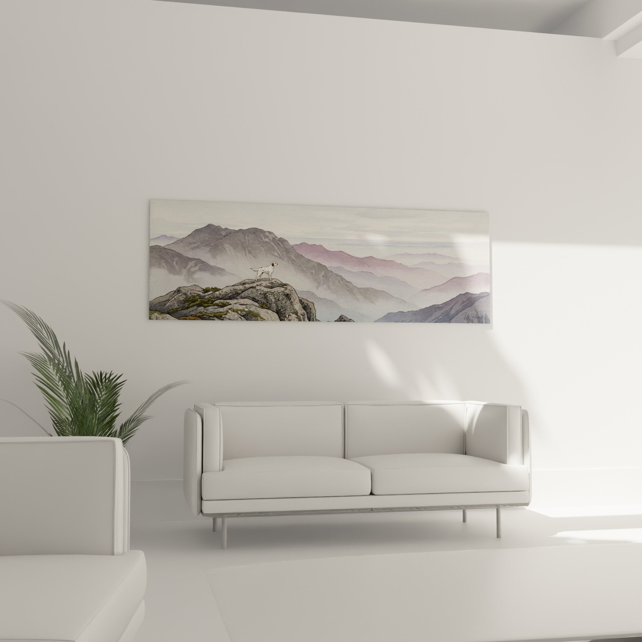 English Setter white coat immaculate textured rock green moss mountains mist detail