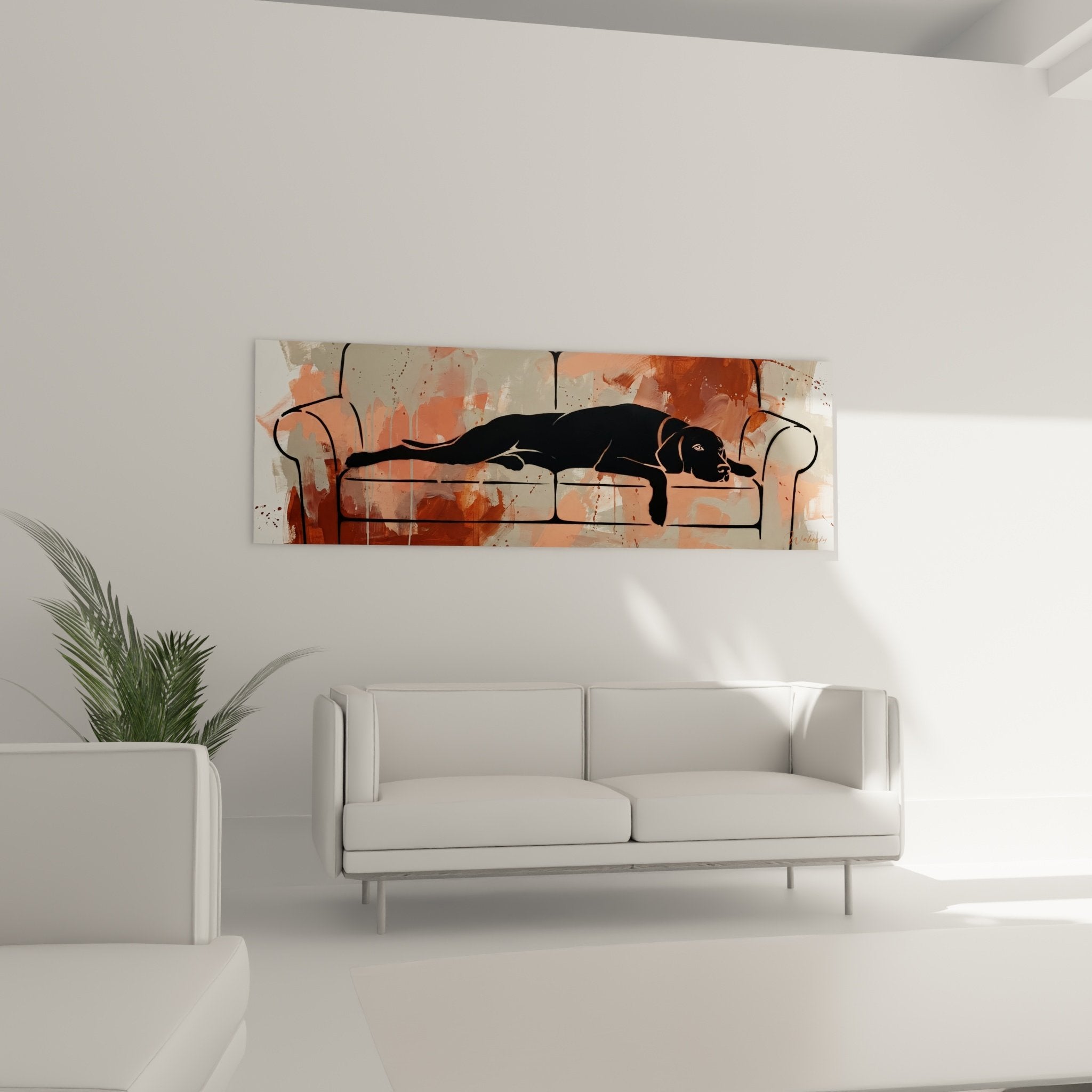 Detail tableau chien noir trait expressif peinture corail orange technique contemporaine vizsla