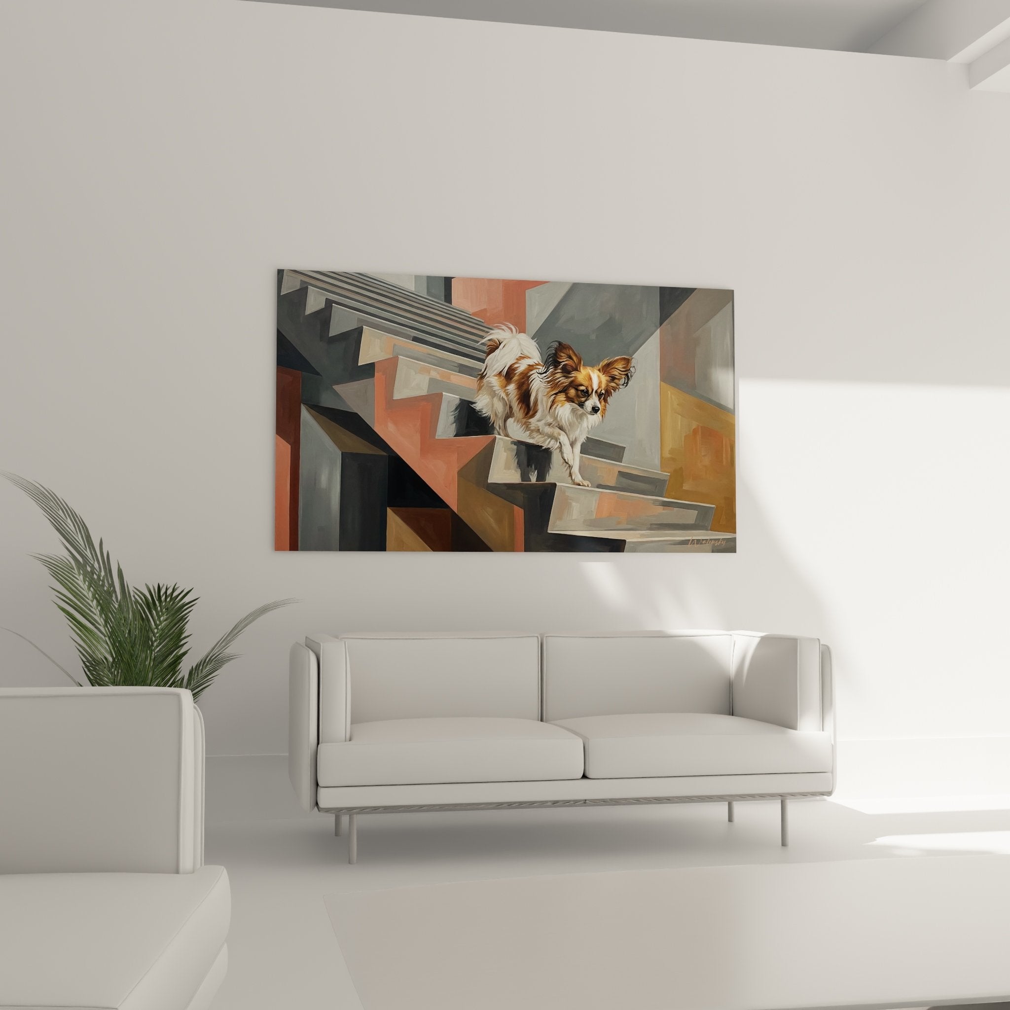 Detail peinture chien papillon poils brun blanc escaliers cubistes nuances corail gris metallique
