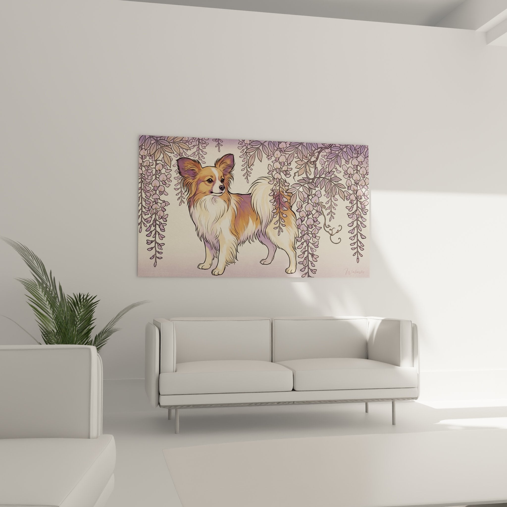 Detail painting dog butterfly russet and white coat perked ears under purple flowers decorative art