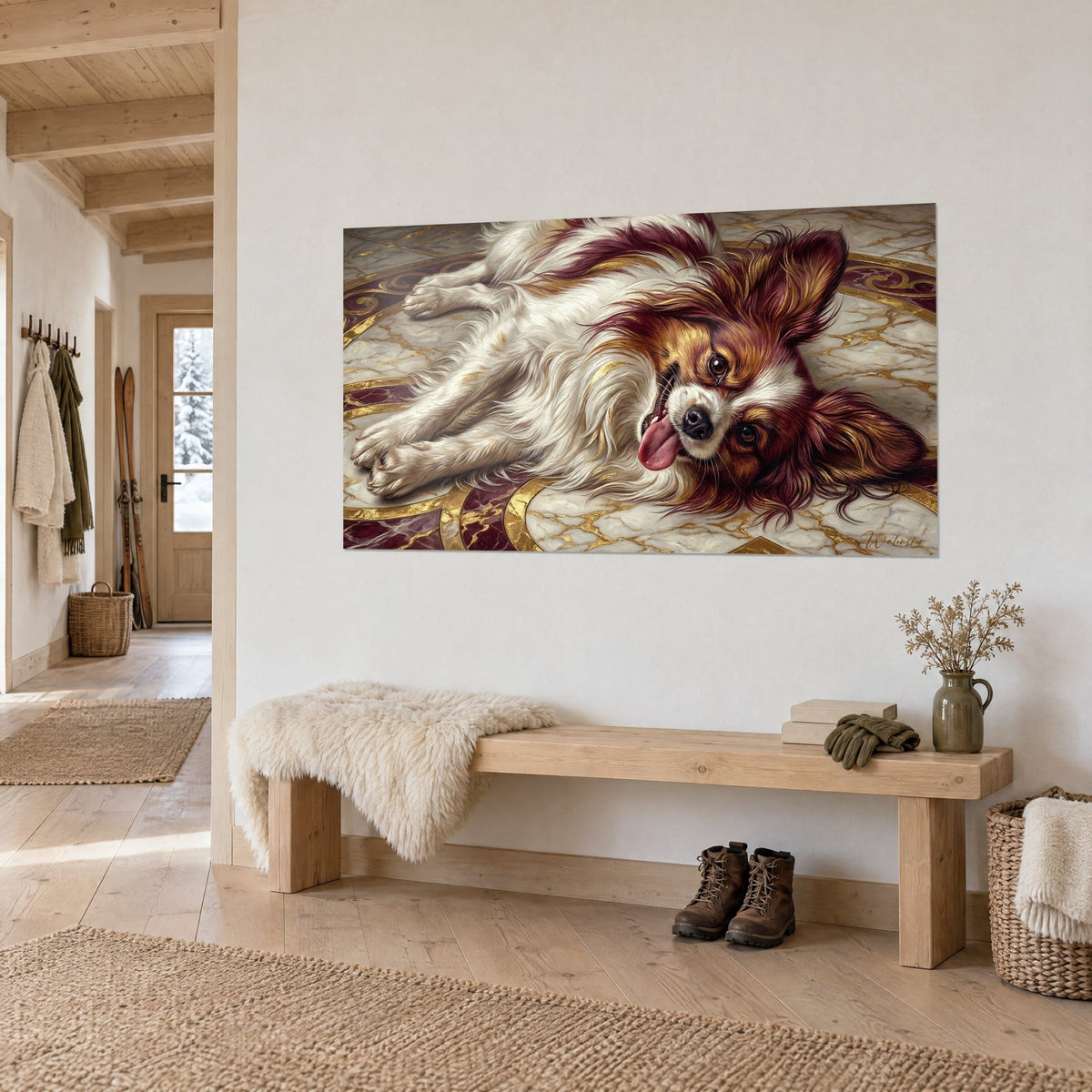 Gemälde Zwergspaniel mit heraushängender rosa Zunge, weißes und bordeauxrotes Fell, auf einer Holzbank einer Berghütte, dreiviertel Ansicht