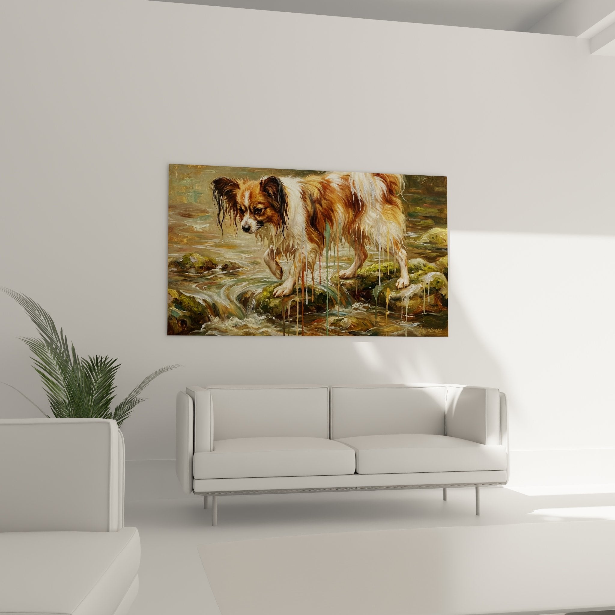 Aquarelldetail Schmetterlingshund rötliches Fell durchnässt mit goldenen Reflexen und Wassertropfen