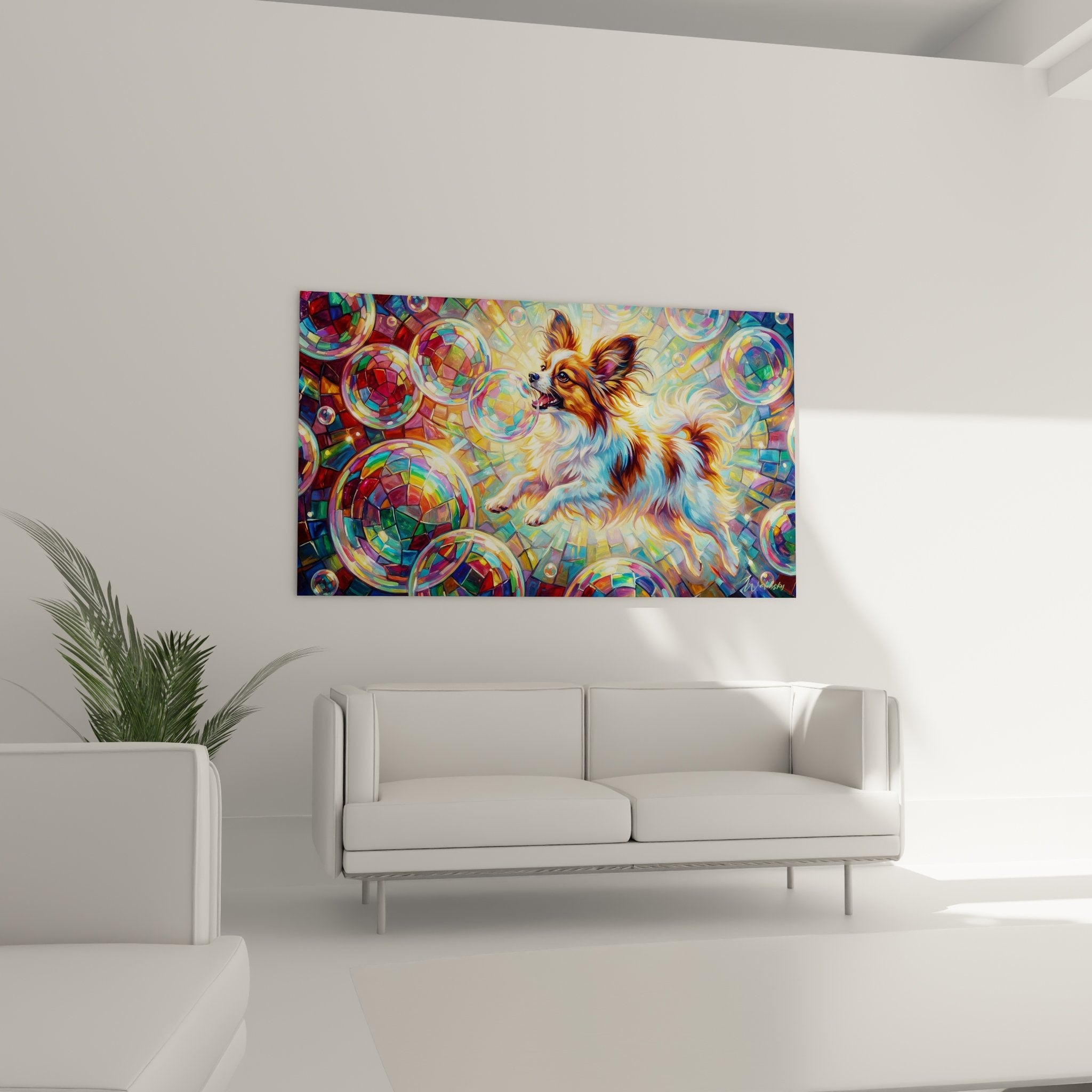 Detail artistique chien papillon poils soyeux bulles transparentes reflets dores cuivres