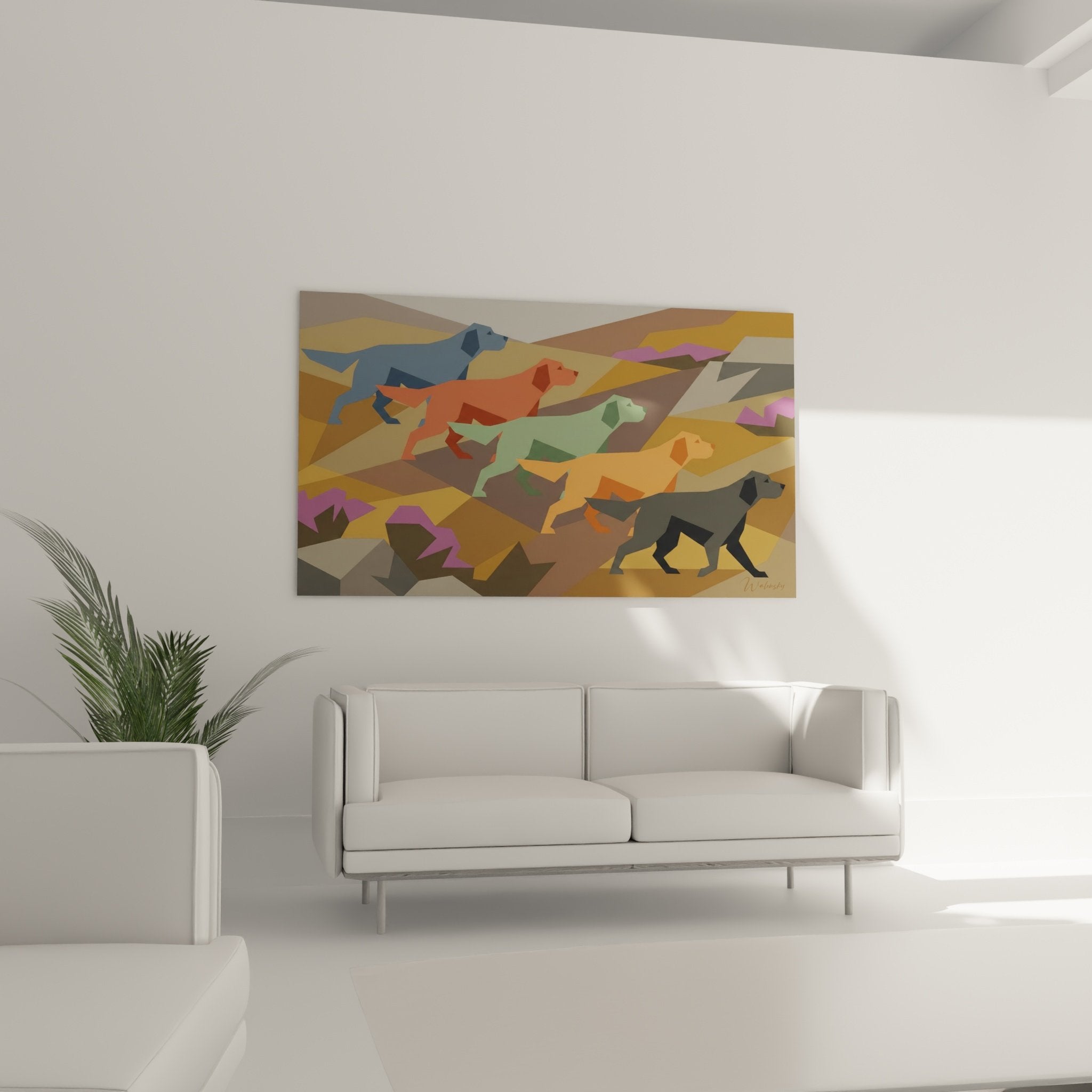 dettaglio quadro cani stilizzati forme geometriche colori vivaci arte moderna sfaccettature cubiste