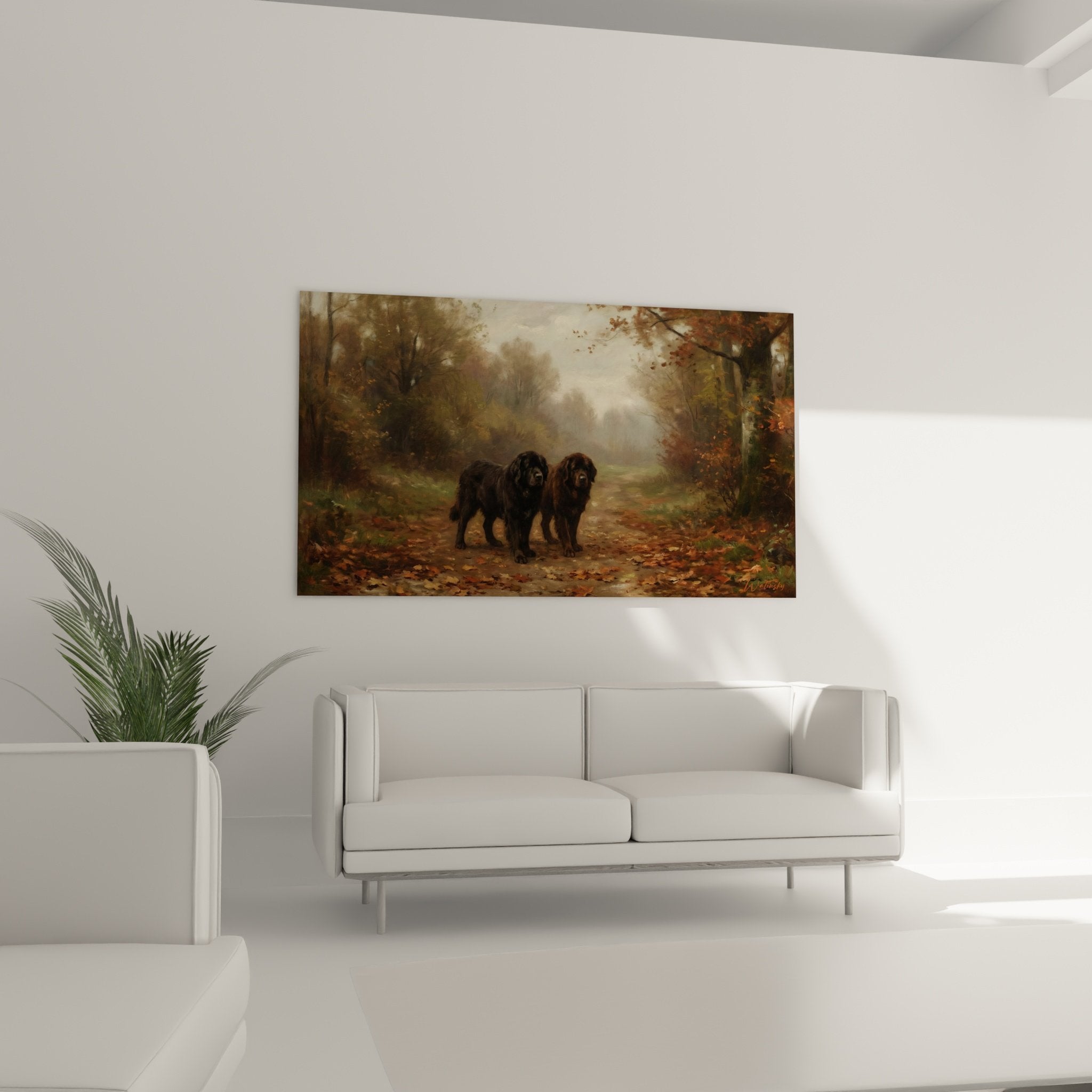 Detailaufnahme Gemälde schwarze Hunde Neufundland dunkles Fell Pfad goldene Blätter neblige Atmosphäre