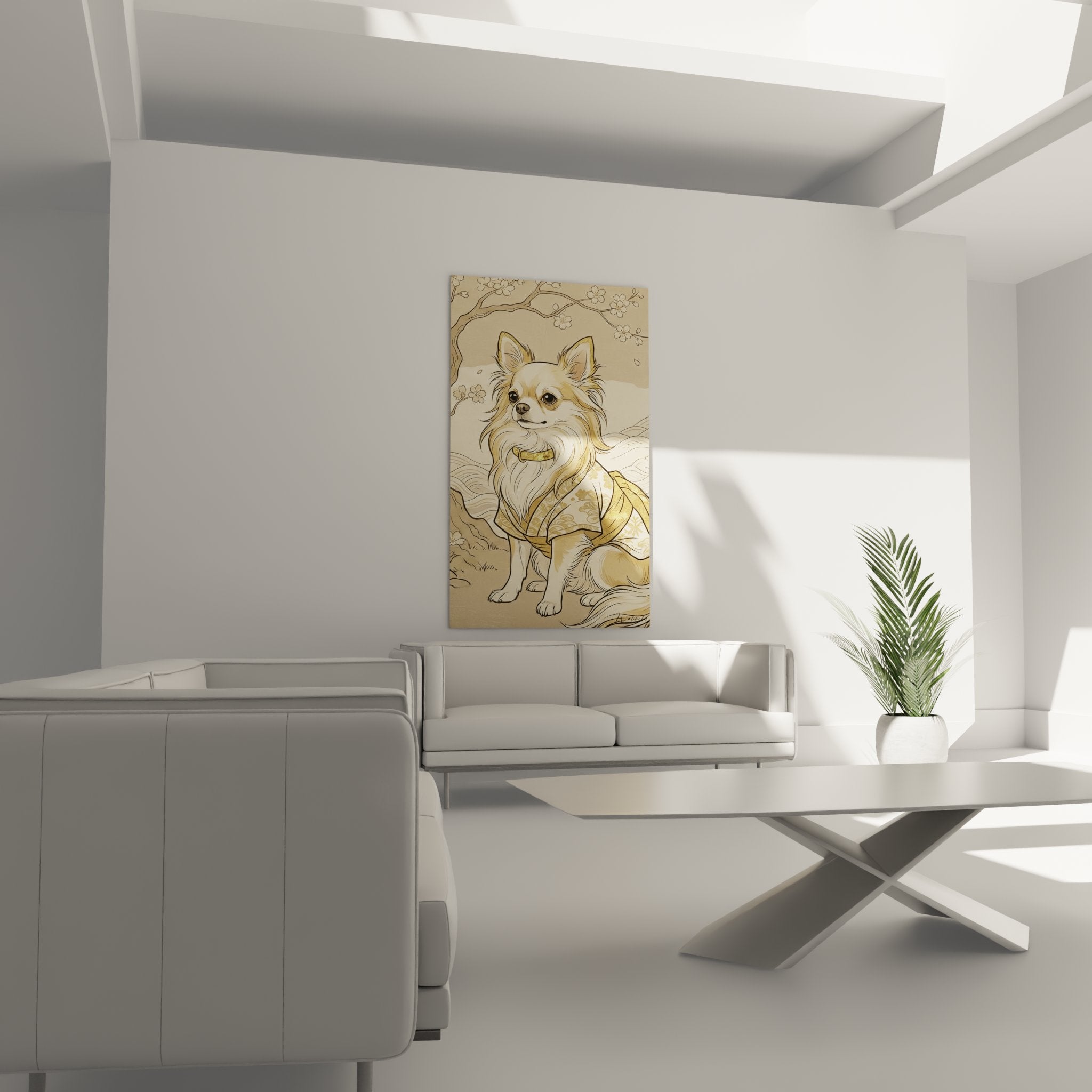 Detail tableau chien chihuahua habille kimono motifs japonais fleurs cerisier