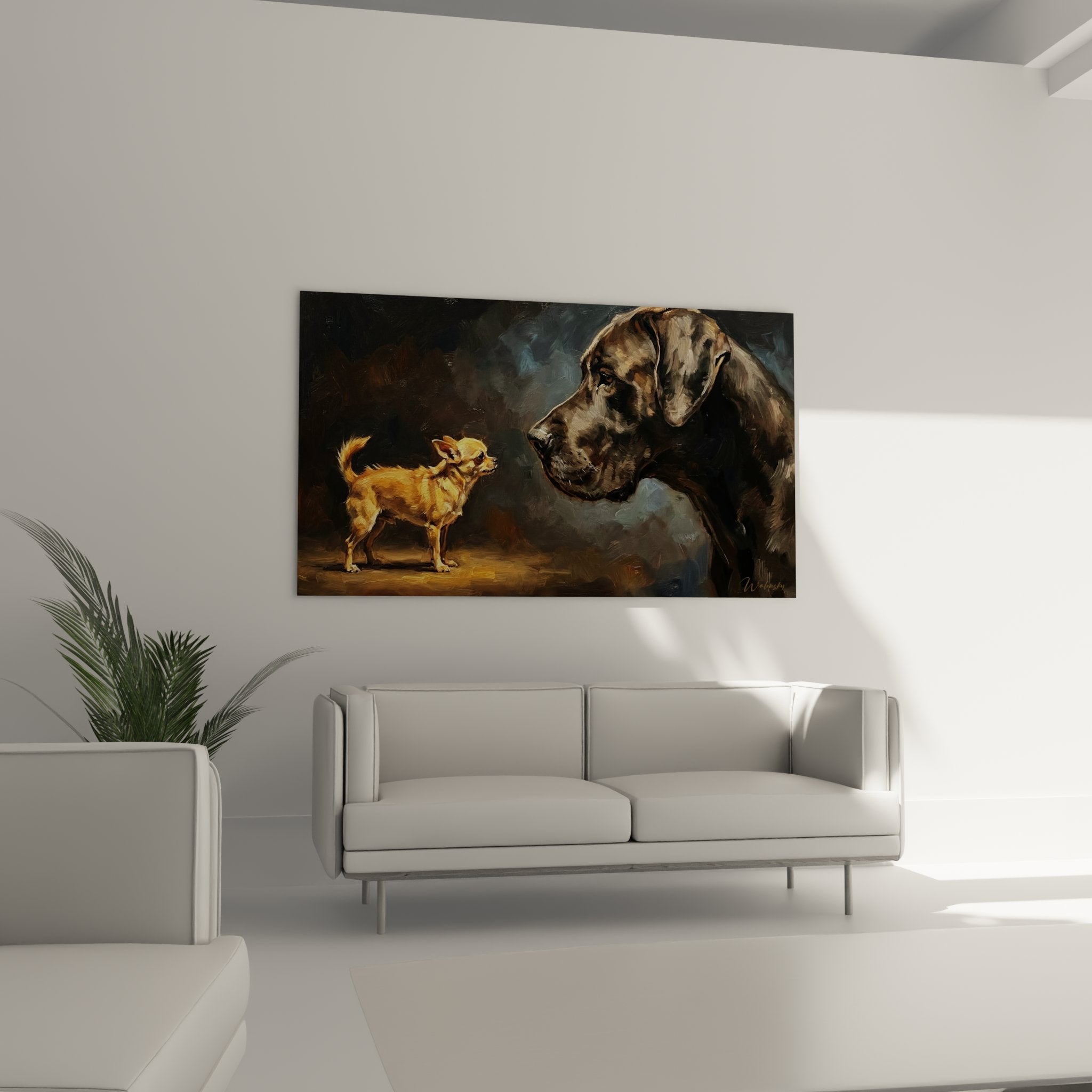 Detail peinture chihuahua expressions faciales realistes technique picturale raffinee tons ocres