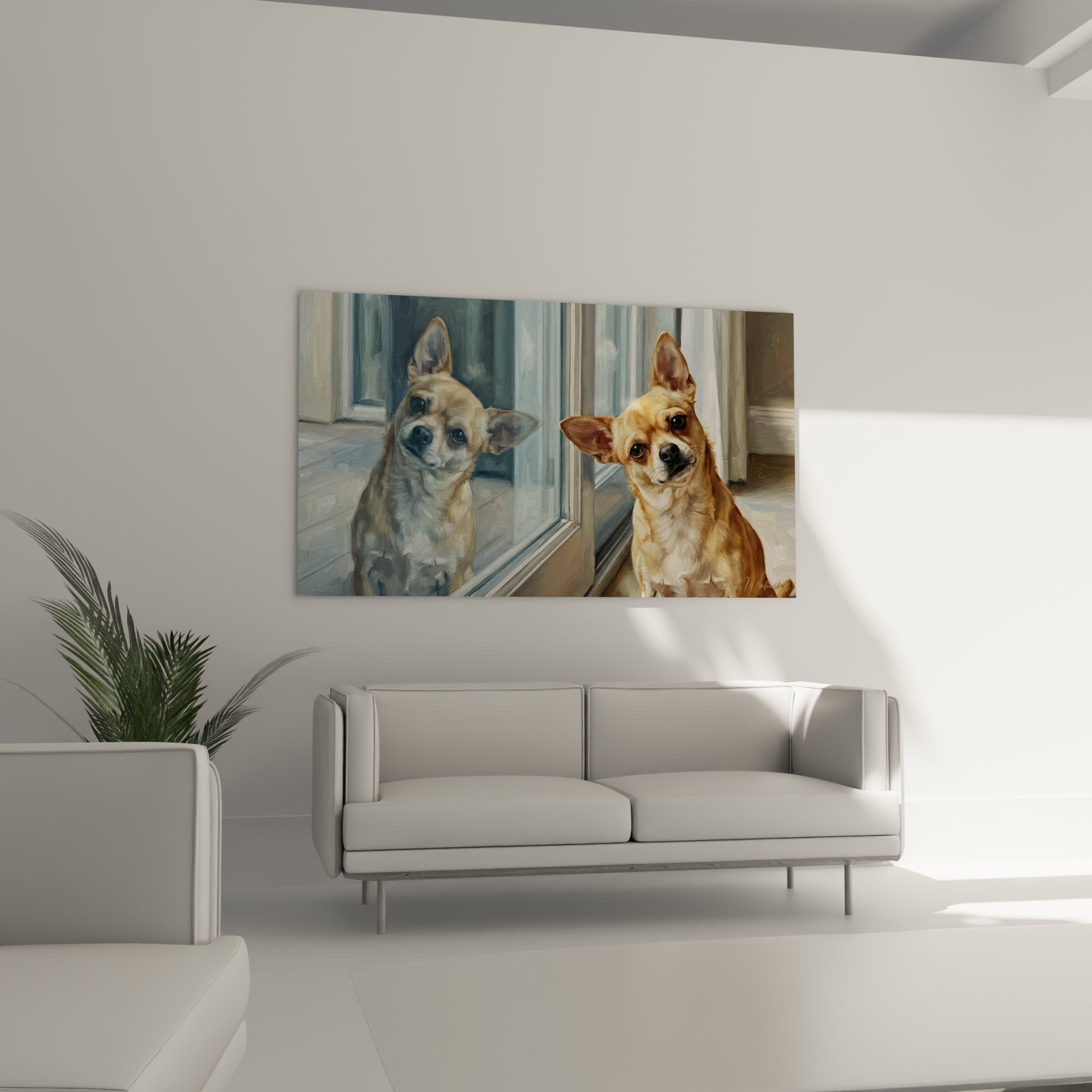 Detail tableau chihuahua yeux expressifs et pelage dore texture realiste peinture animaliere