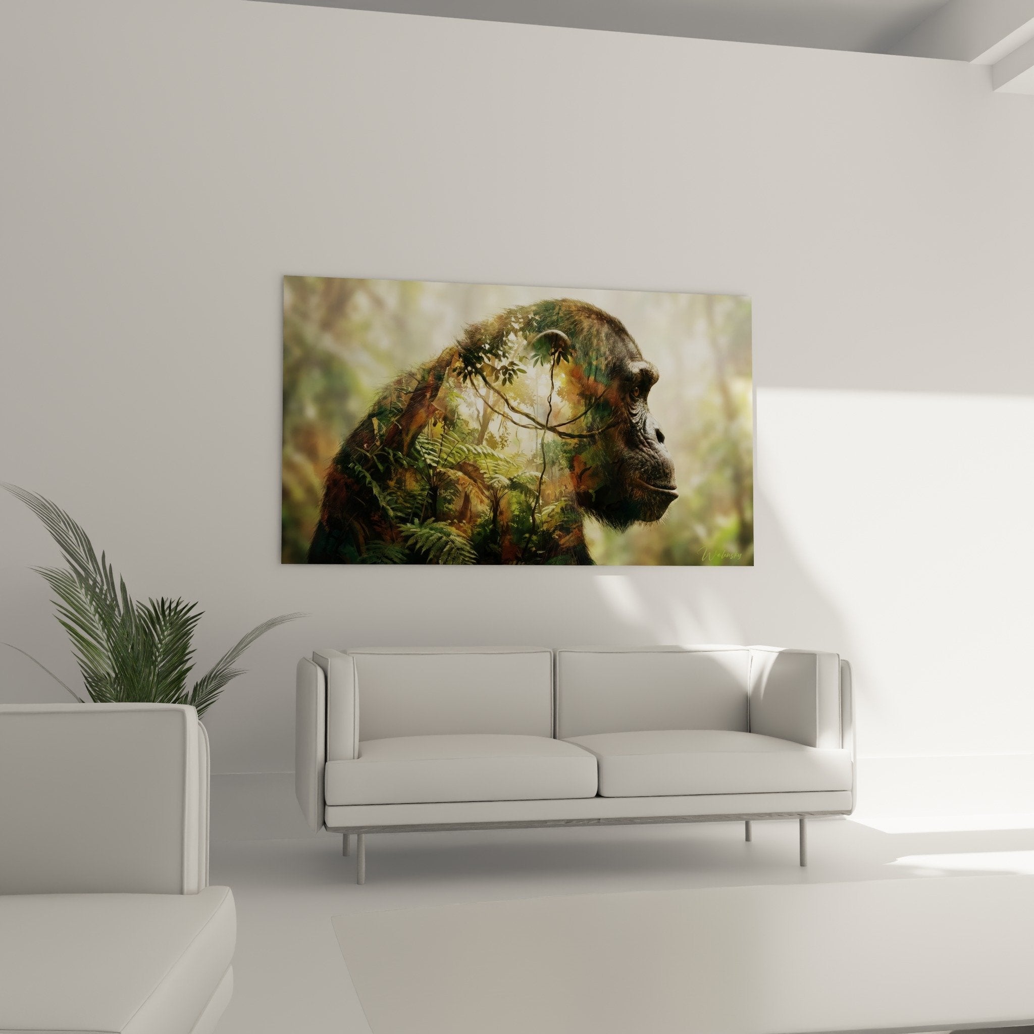 Detail tableau chimpanze double exposition feuilles fougeres texture pelage tons cuivres verts artisique moderne