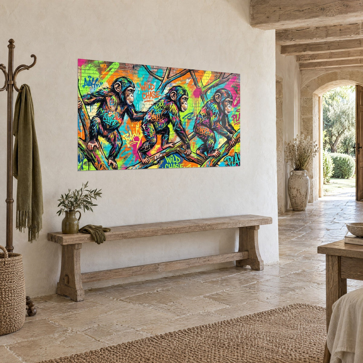 Tableau singes grimpant sur une branche, pelage noir strié de rose et de vert fluo, mur de pierre et banc en bois rustique