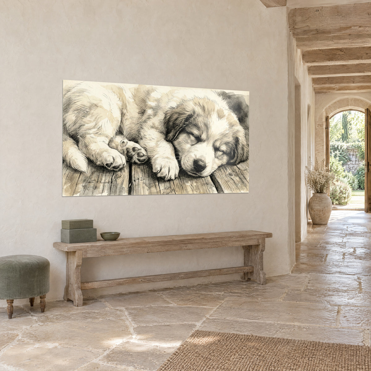 Wall art small dozing dog with brown ears and black muzzle, beige wash, on the wall of a light stone entrance with wooden bench