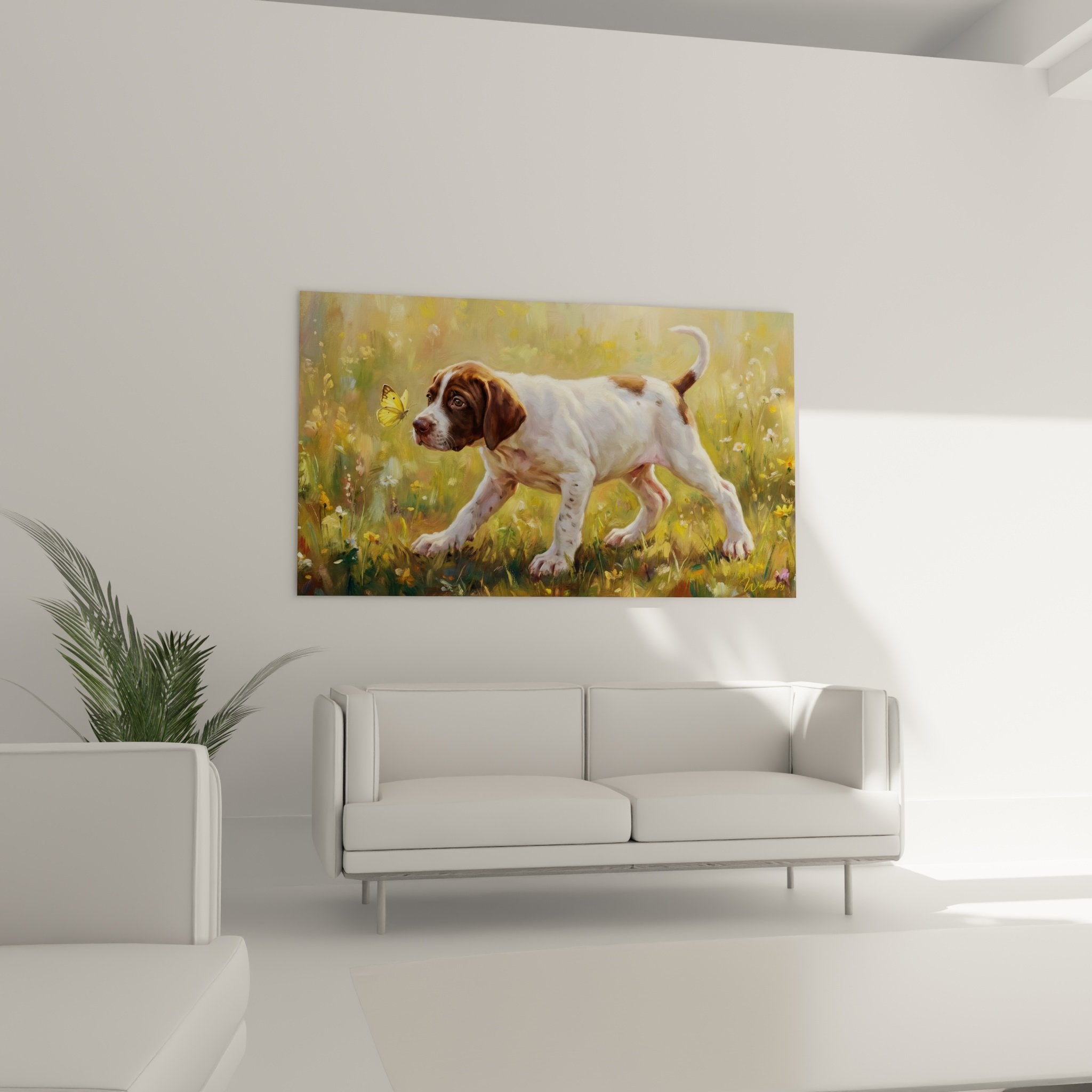Dettaglio cucciolo Pointer Inglese mantello bianco macchie marroni farfalla gialla - pittura animalistica