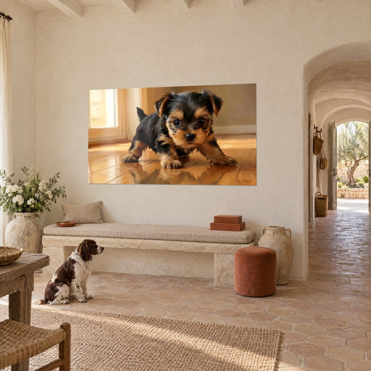 Wall art small terrier with drooping ears, black and copper coat, reflection on honey parquet floor, Provençal farmhouse with a calm spaniel