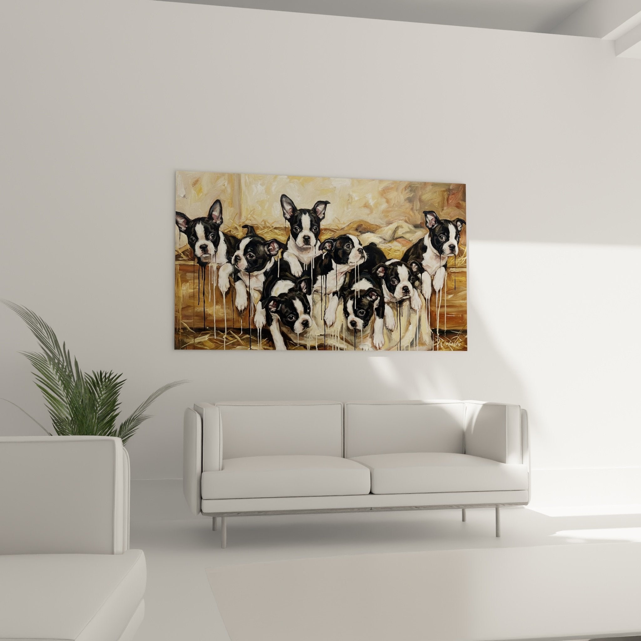 Detail tableau chiots Boston Terrier yeux expressifs peinture moderne noir blanc beige