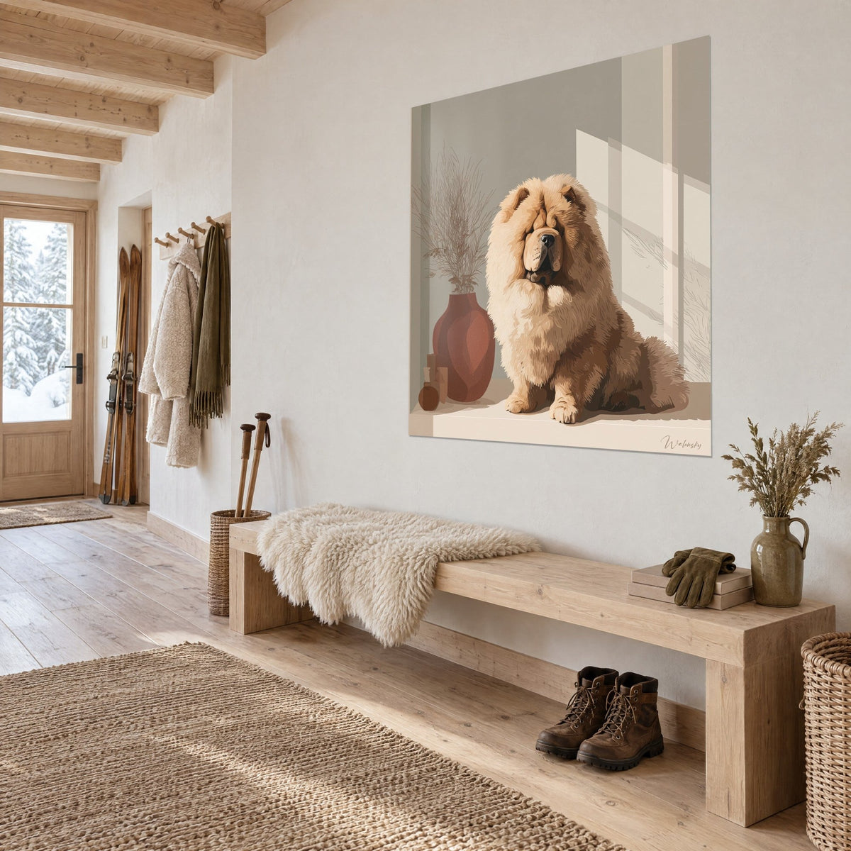 Gemälde flauschiger Hund in Sandfarbe, sitzend neben einer ziegelroten Vase, diagonales Licht, über einer Holzbank im Eingangsbereich
