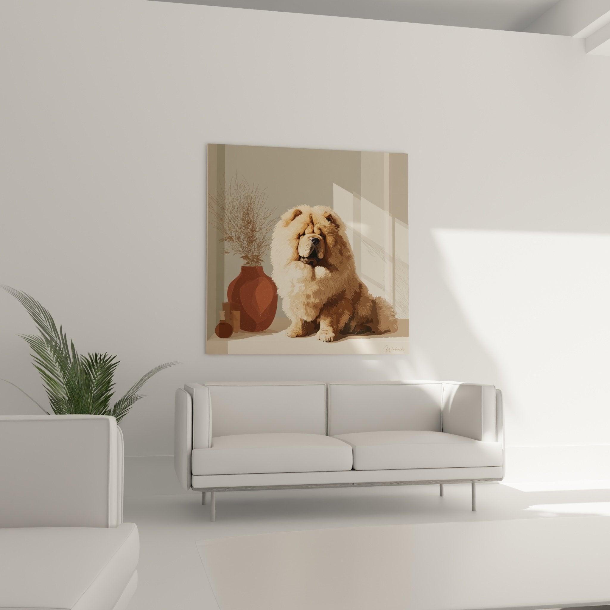 Détail tableau chow chow expression joyeuse pelage doré textures artistiques réalistes