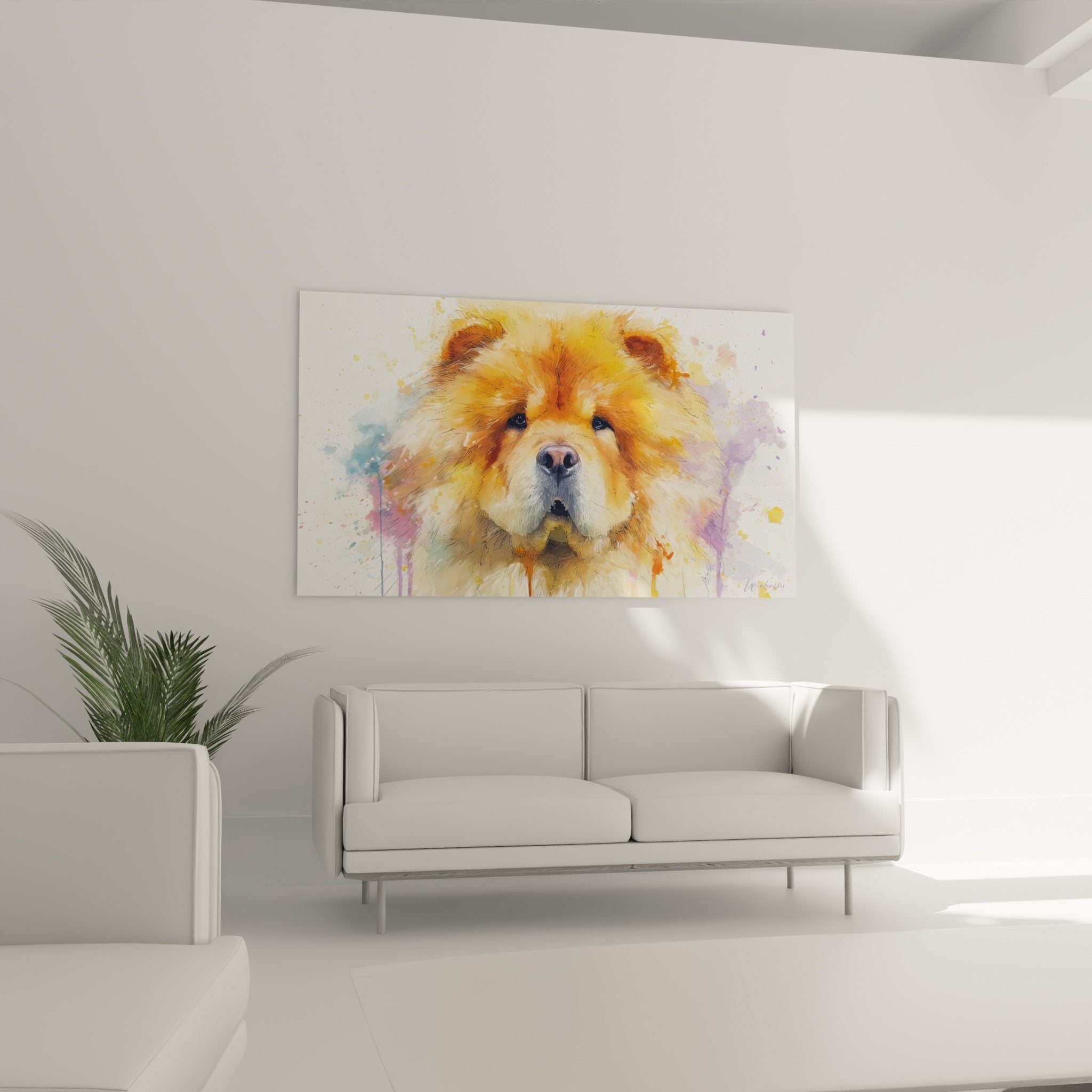 Detailaufnahme Chow-Chow-Porträt Aquarell mit goldenem Fell und violetten Farbspritzern
