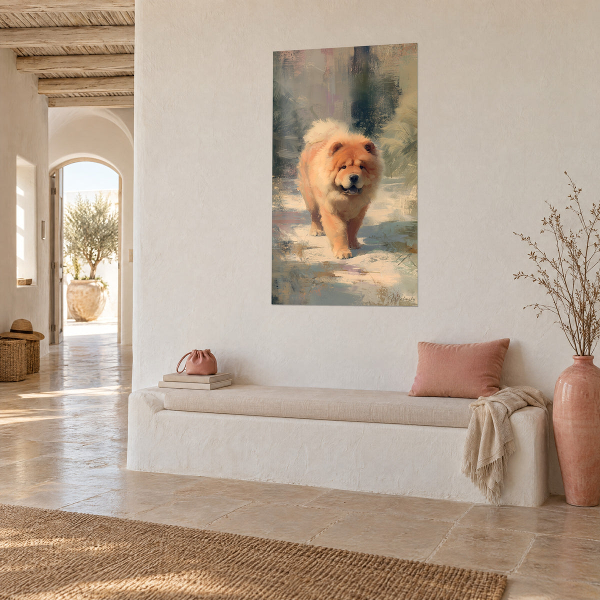 Cuadro retrato de perro de pelaje dorado avanzando sobre un suelo escarchado azul pálido, vista de tres cuartos, casa mediterránea
