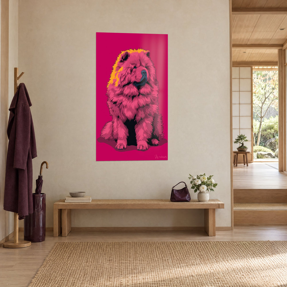 Schilderij pluizige puppy in magenta, safraangele strepen op de kop, nachtblauwe snuit, houten console en japandi gang
