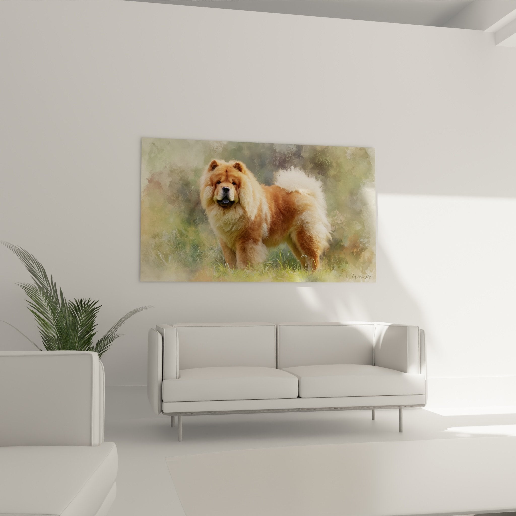 Detail rapproche tableau Chow Chow pelage roux flamme nuances cuivrees technique picturale raffinee