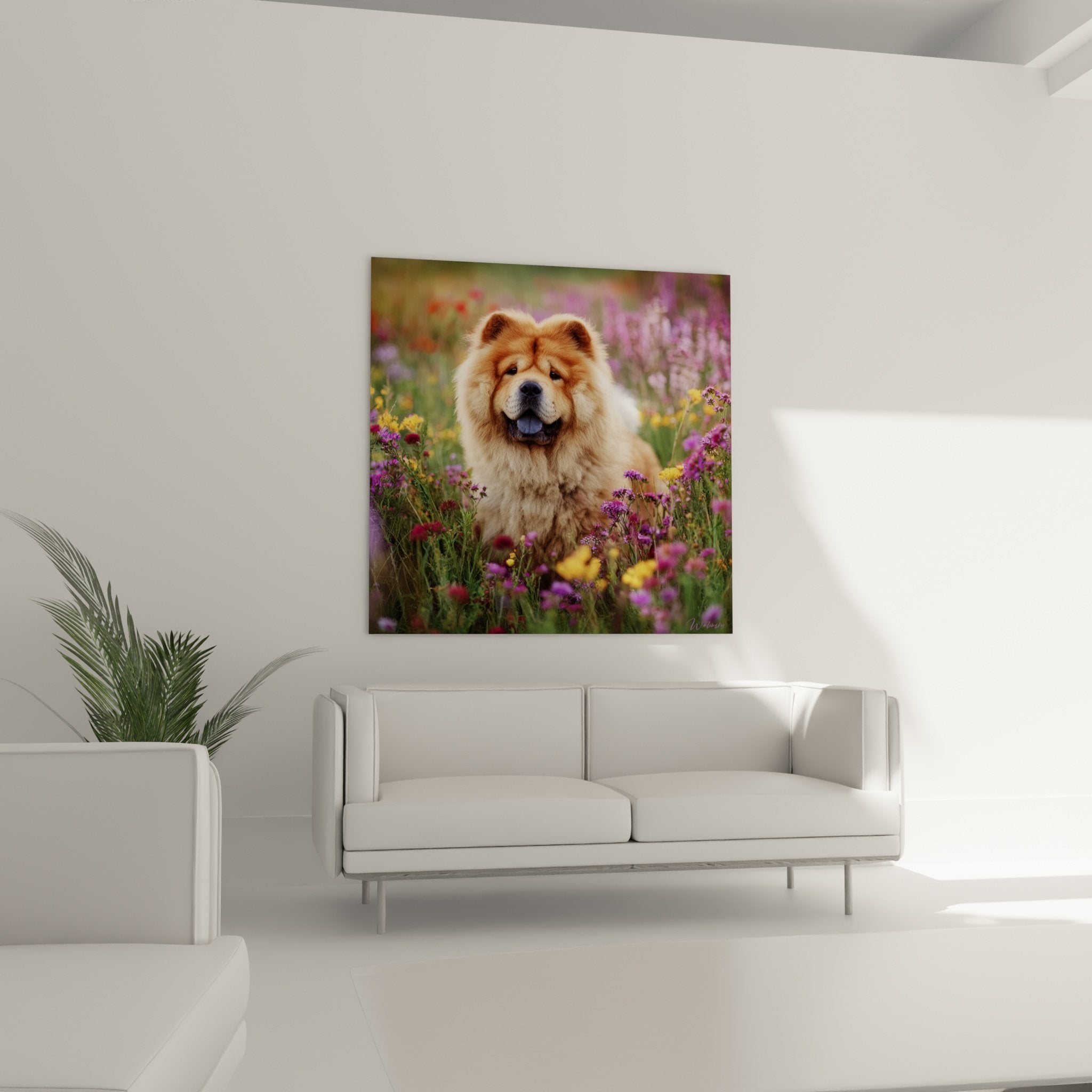 Détail tableau Chow Chow expression joyeuse pelage doré texture fleurs violettes premier plan art canin