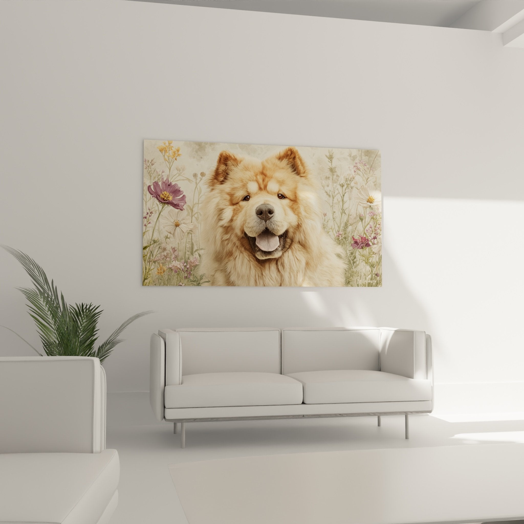 Détail tableau Chow Chow expression souriante pelage fauve texture réaliste art animalier qualité premium