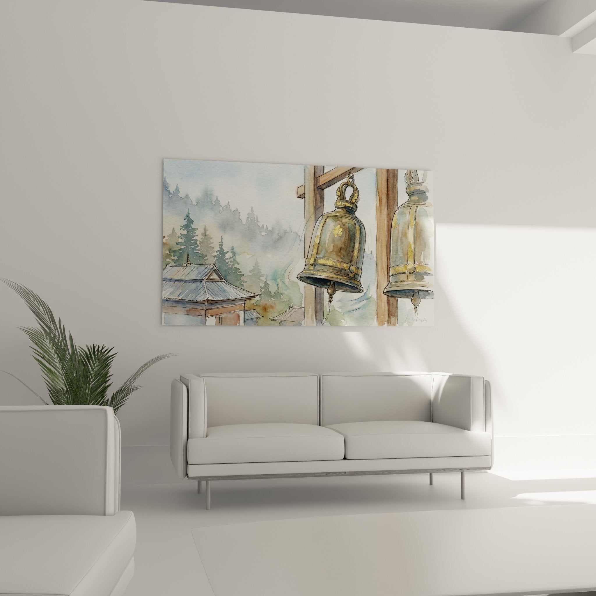 Détail cloches sacrées bronze et cuivre, aquarelle temple bouddhiste, peinture spirituelle tons chauds