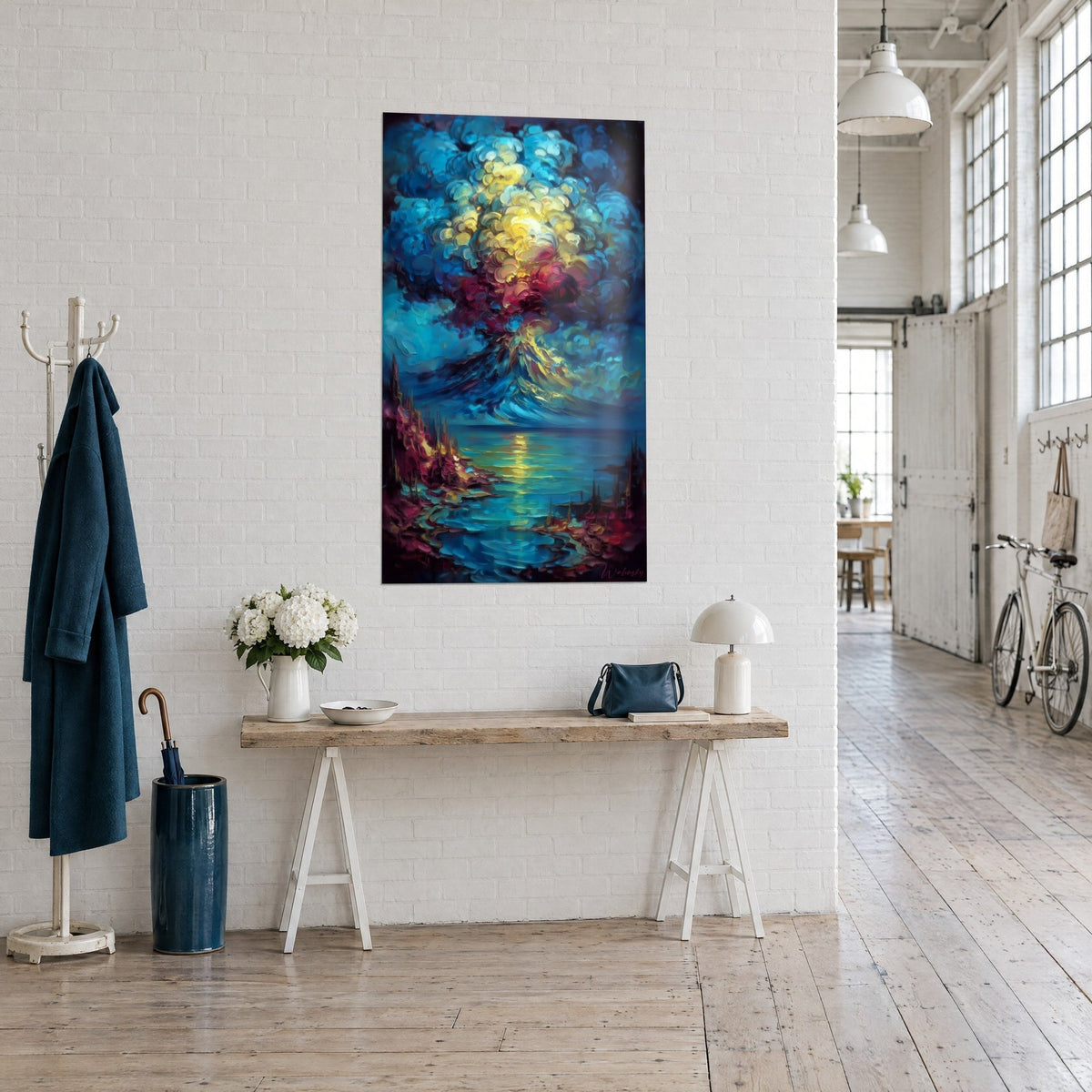Wall art of a volcanic eruption with turquoise and magenta clouds, thick oil paint impasto, three-quarter view in an artist's loft