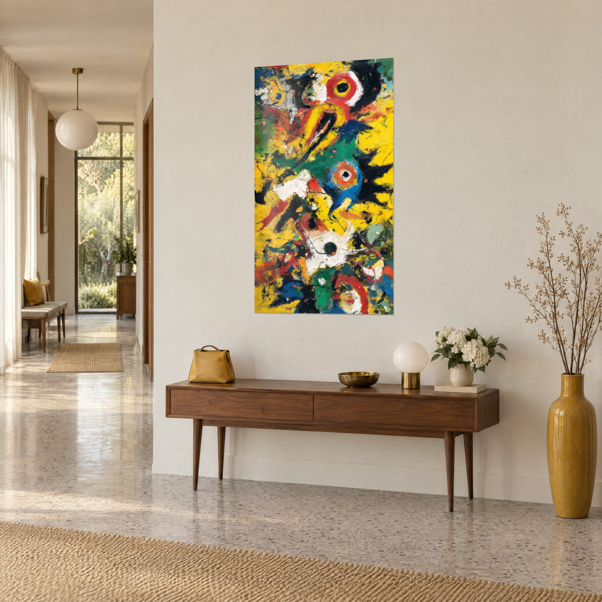 Tableau explosion de couleurs, formes noires et blanches griffées sur jaune et vert, au bout d'un couloir clair années 50