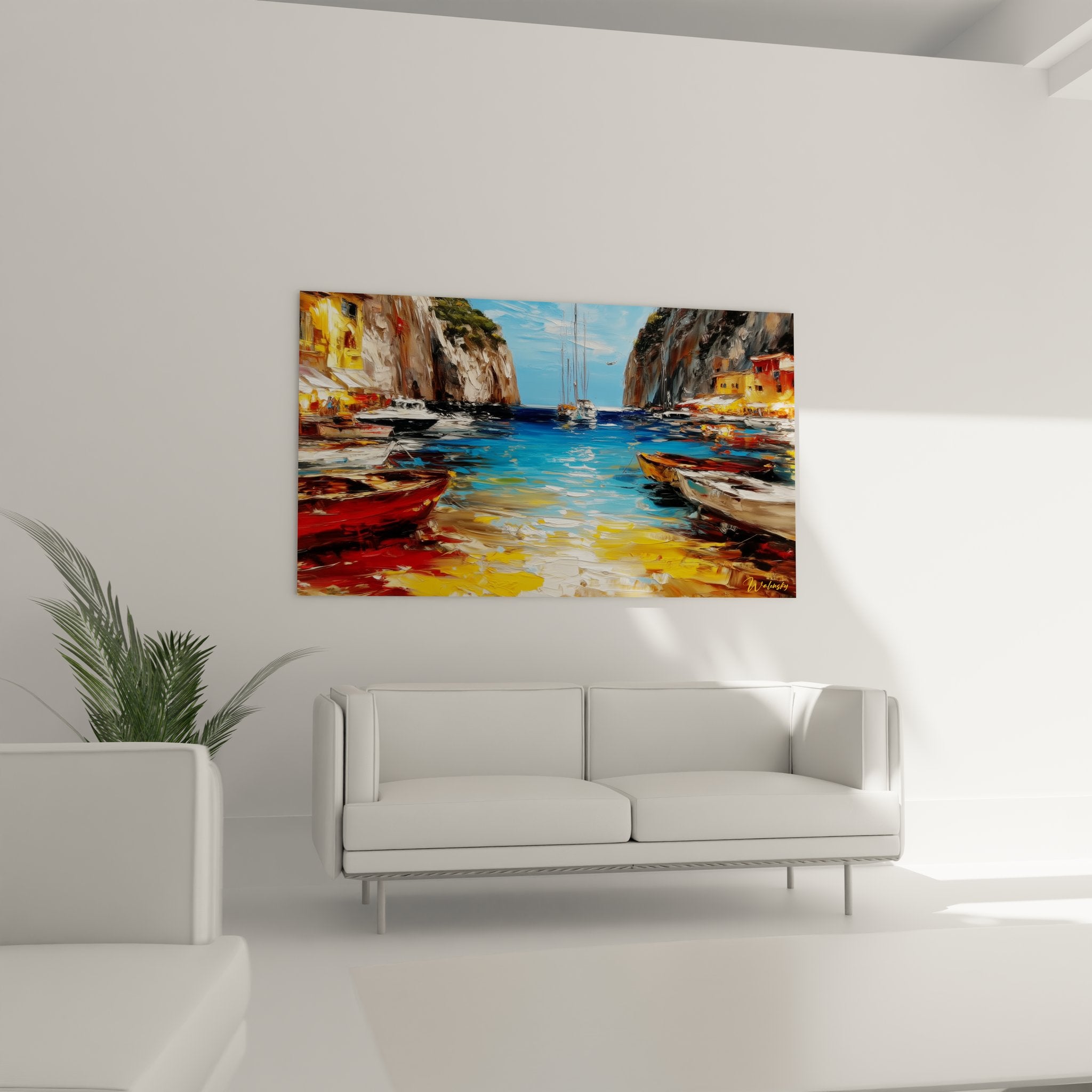 Détail gros plan tableau marina méditerranéenne bateaux reflets eau peinture côtière