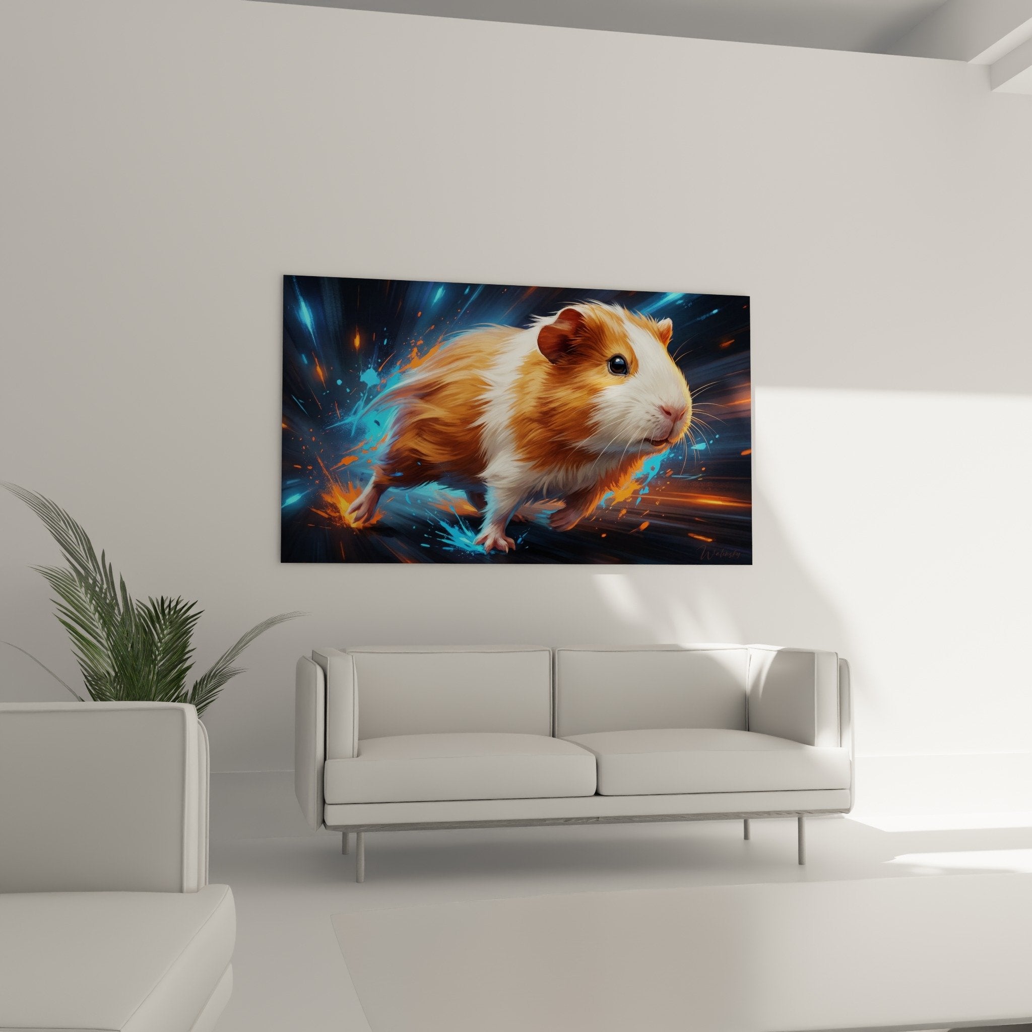 Detail eines realistischen Meerschweinchen-Gemäldes, umgeben von blauen und orangefarbenen leuchtenden Partikeln im Science-Fiction-Stil