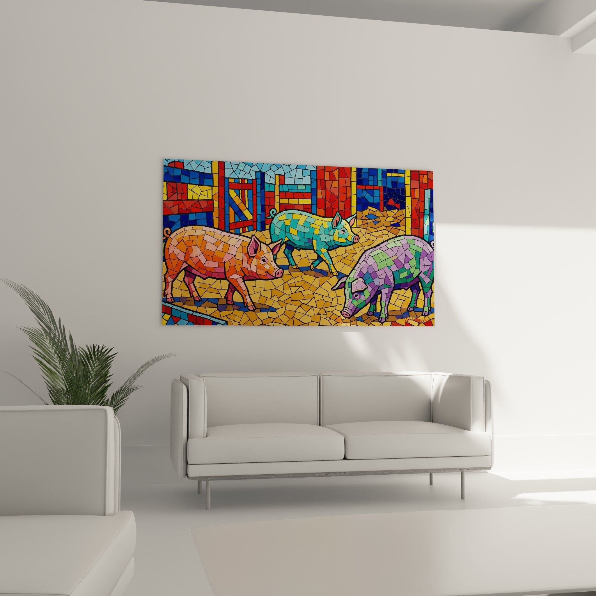 Orange pink pig detail modern stained glass mosaic technique black outlines contemporary art