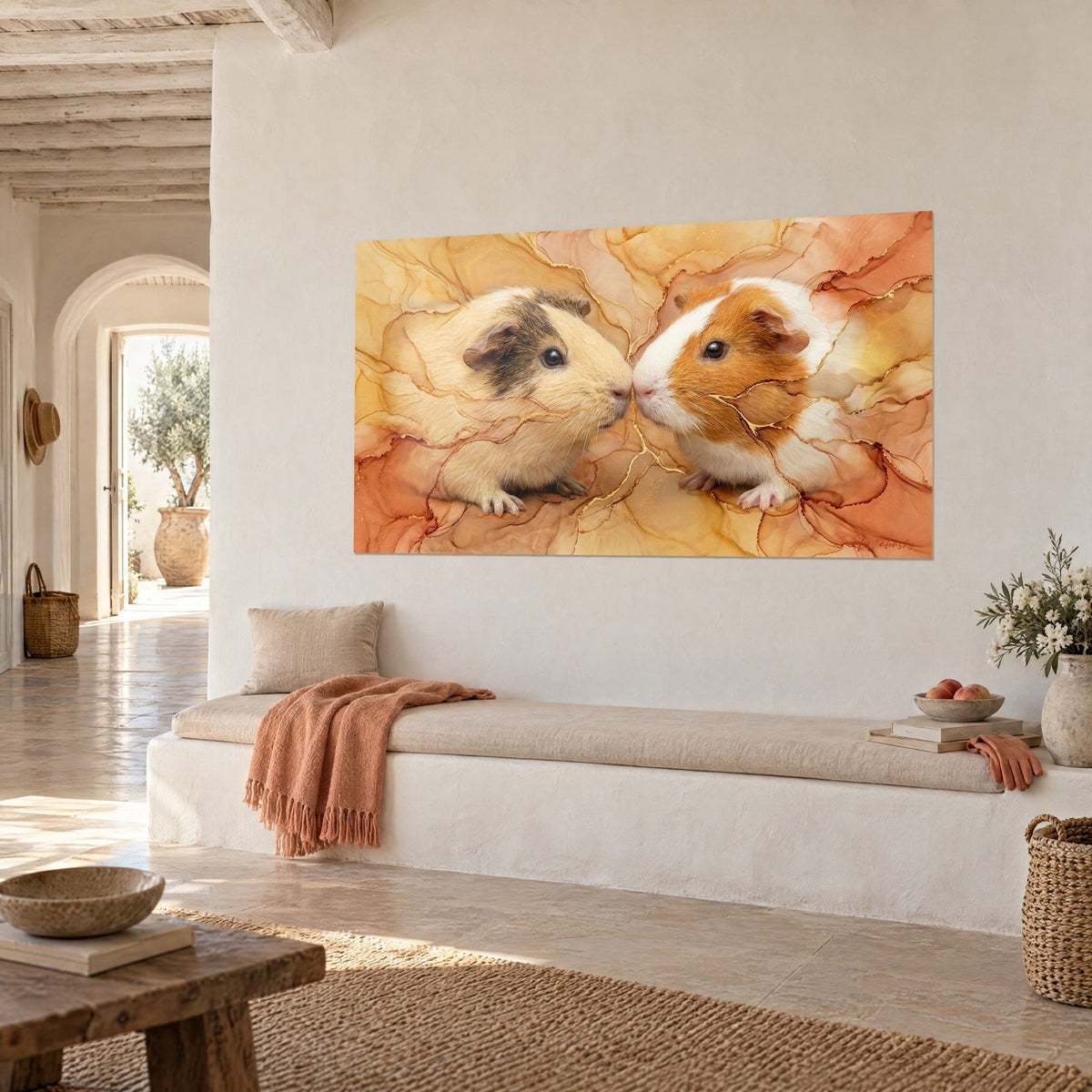 Gemälde Meerschweinchenpaar mit aneinandergelegten Nasen, weißes und orangefarbenes Fell, goldene Adern auf aprikosenfarbenem Marmor, mediterran weiße Wand