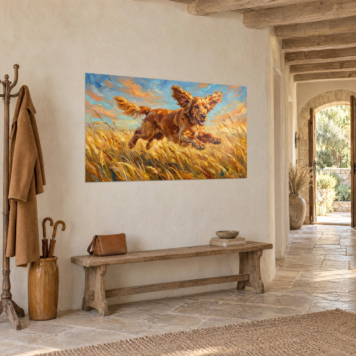Tableau épagneul cuivré en pleine course dans les blés dorés, pelage ambre, couloir en pierre avec banc rustique