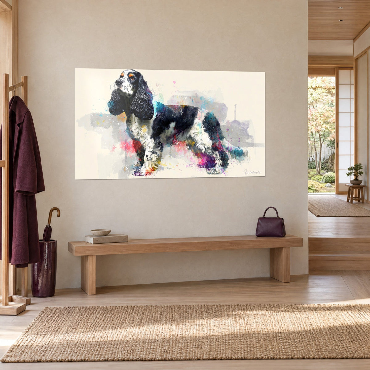 Wall art black and white silky-coated dog, orange and purple spots on cream background, three-quarter view near a wooden bench