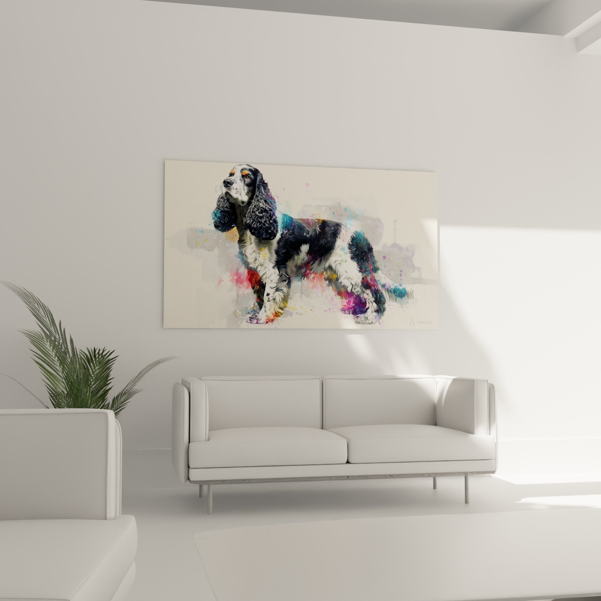 detail aquarelle cocker spaniel pelage noir blanc technique peinture eclaboussures couleurs