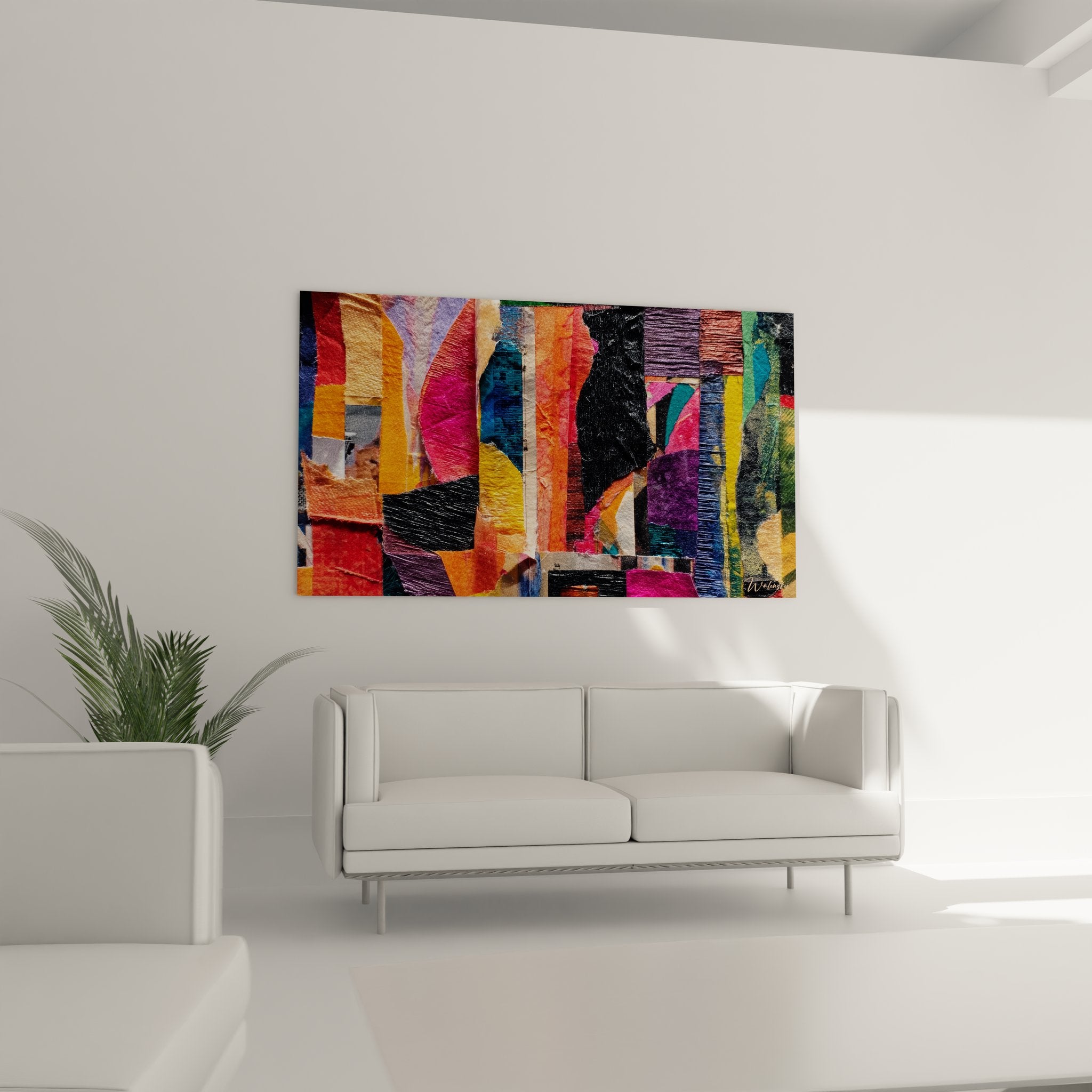 Détail rapproché du collage abstrait montrant textures et superpositions de matériaux colorés