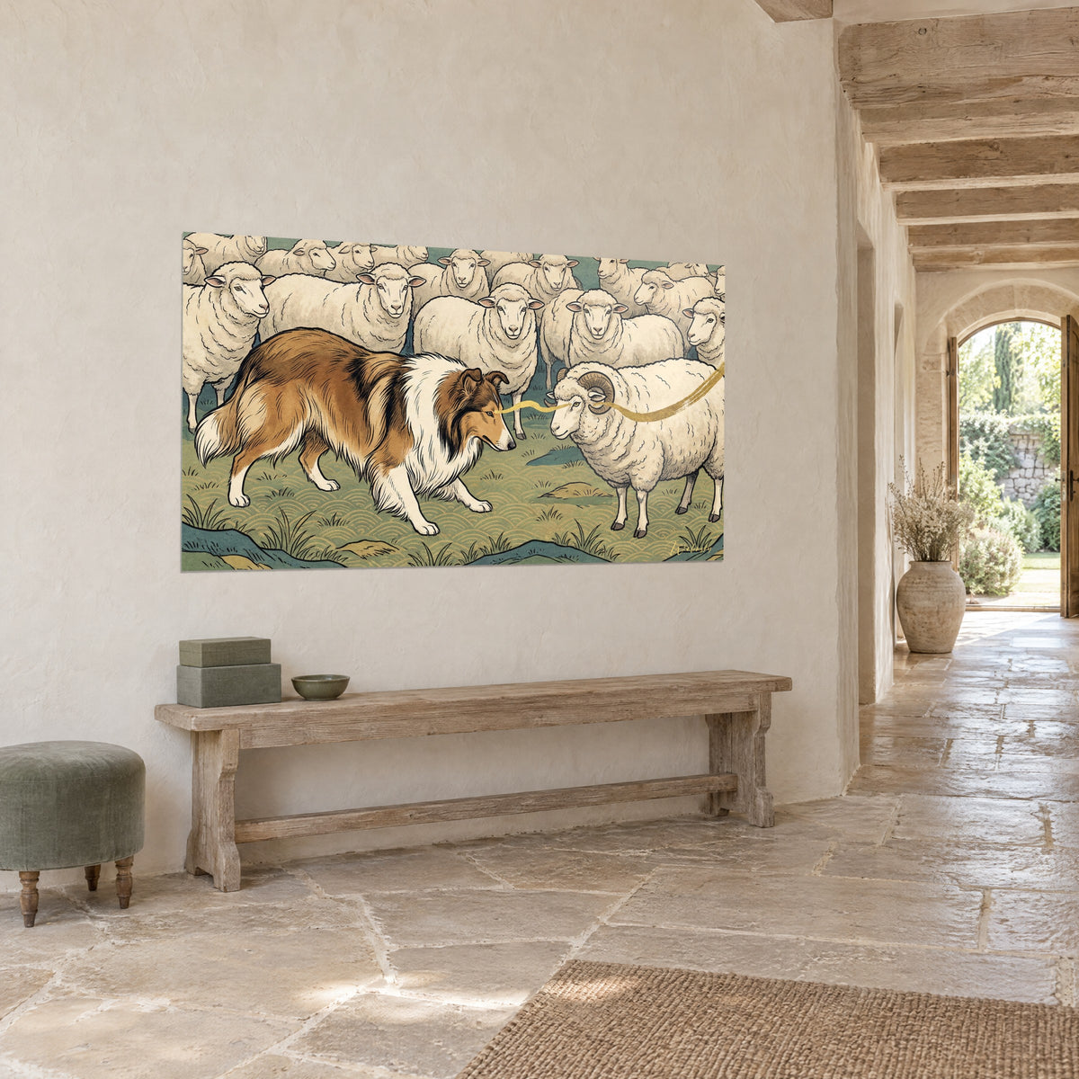 Gemälde Hütehund in rötlichem Mahagoni, der einen Widder fixiert, cremefarbene Herde im Hintergrund, goldene Linie, Dreiviertelansicht an einer Steinwand