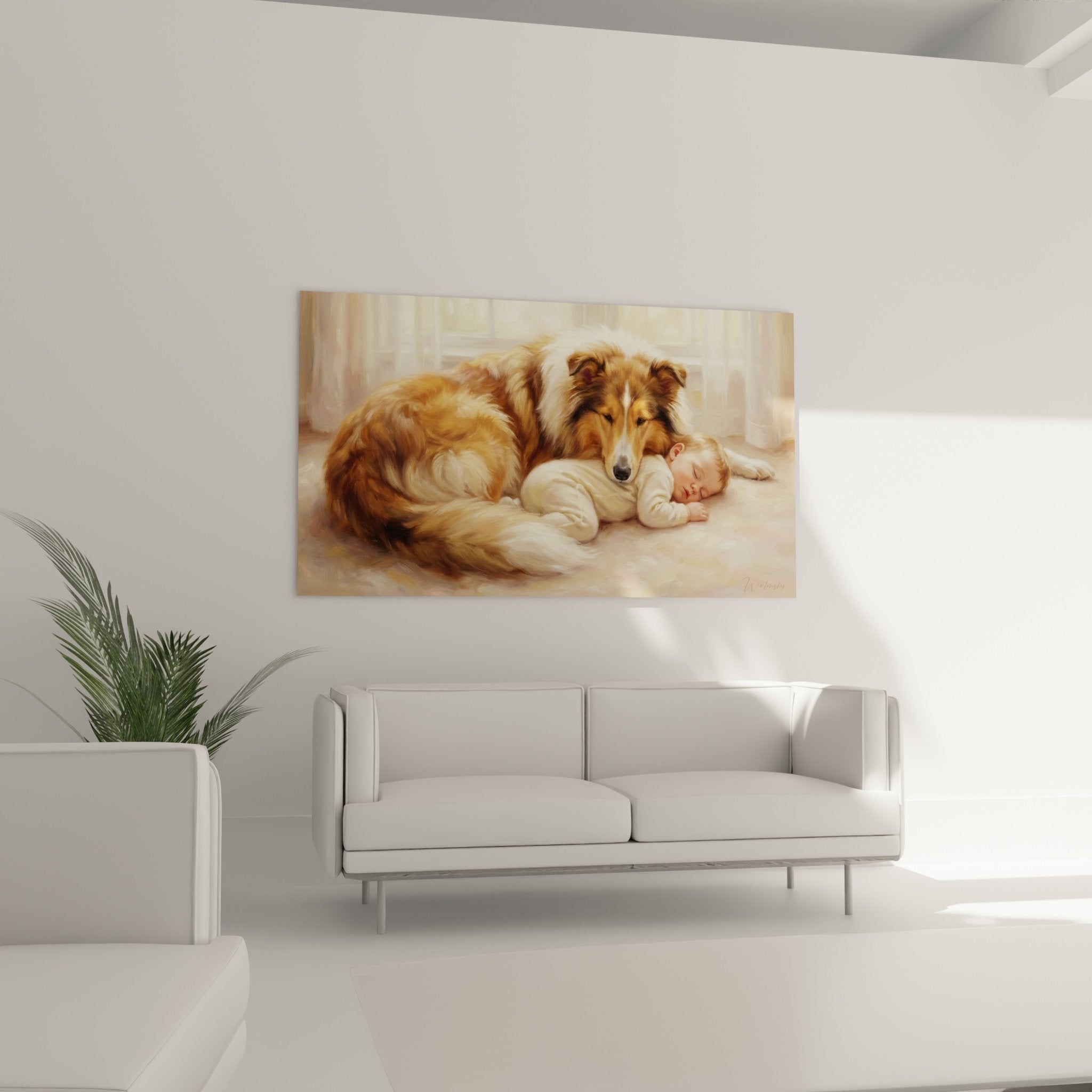 Détail rapproché du tableau Collie veillant sur enfant endormi aux tons crème et dorés