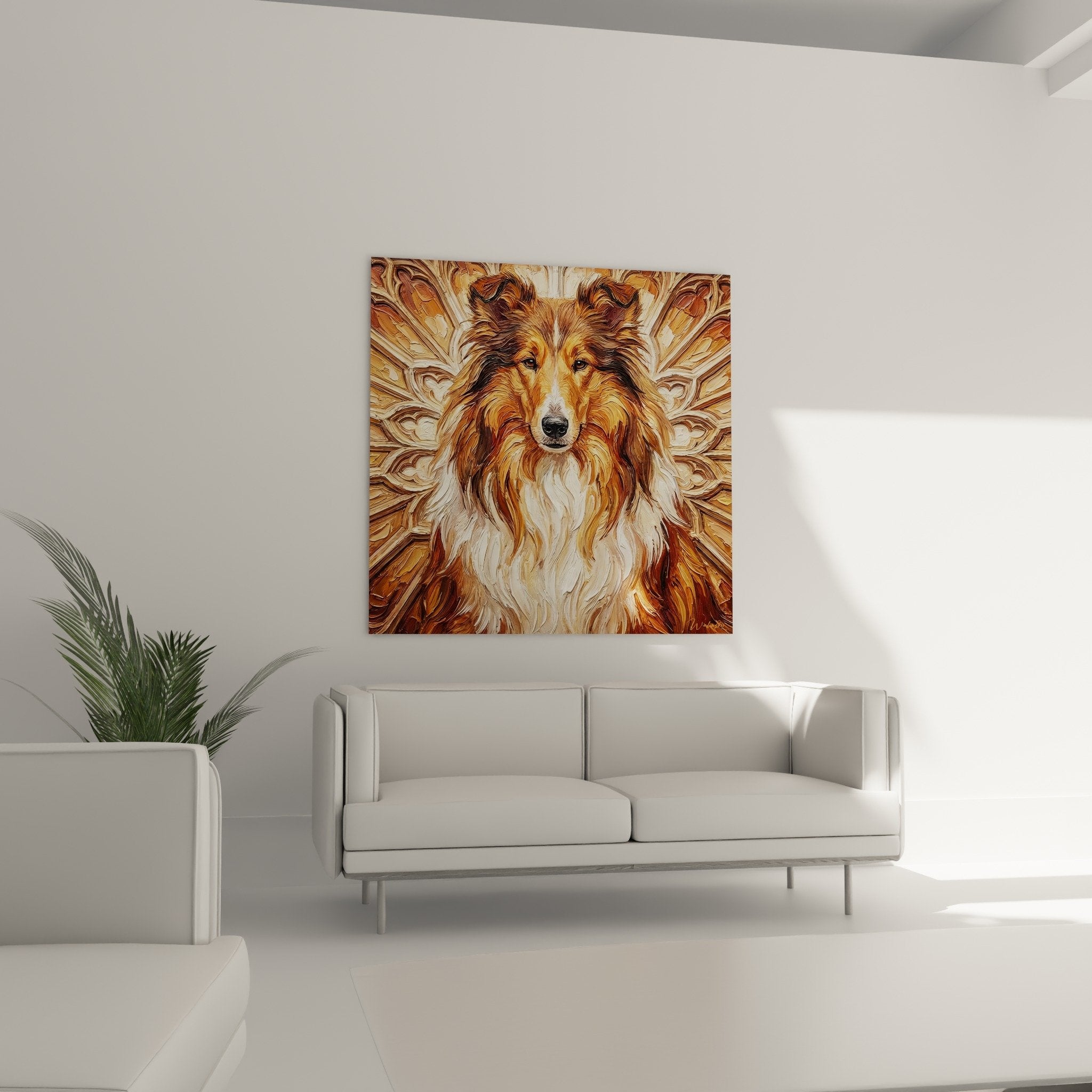 Détail portrait Collie pelage doré technique empâtement relief saisissant