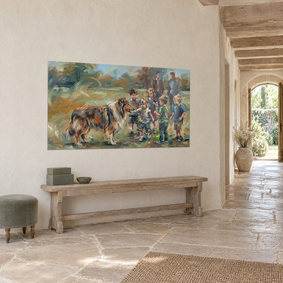 Tableau chien colley fauve et blanc entouré de bambins en t-shirts verts et bleus, coups de pinceau ocre, dans un couloir de pierre