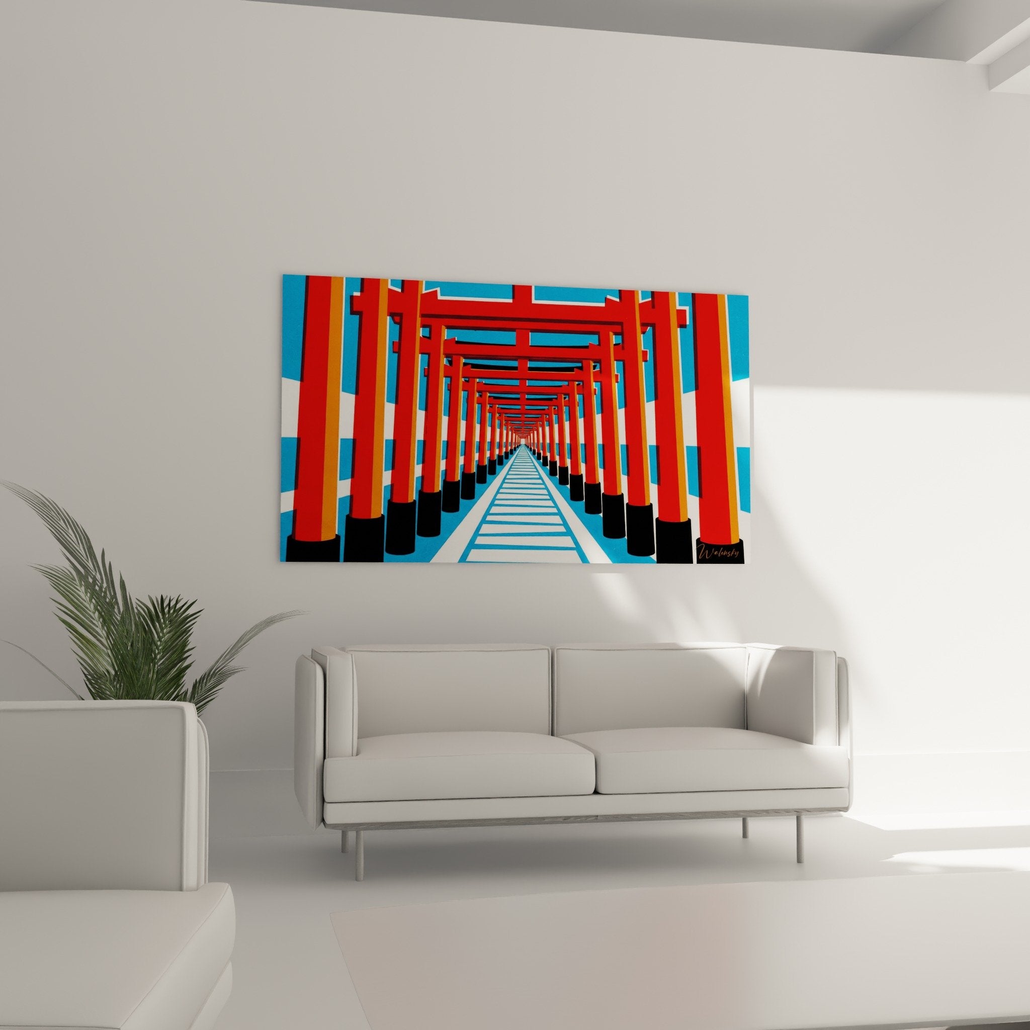 Detail rote Säulen architektonischer Tunnel Kontrast blau orange geometrische Textur buddhistische Tempel